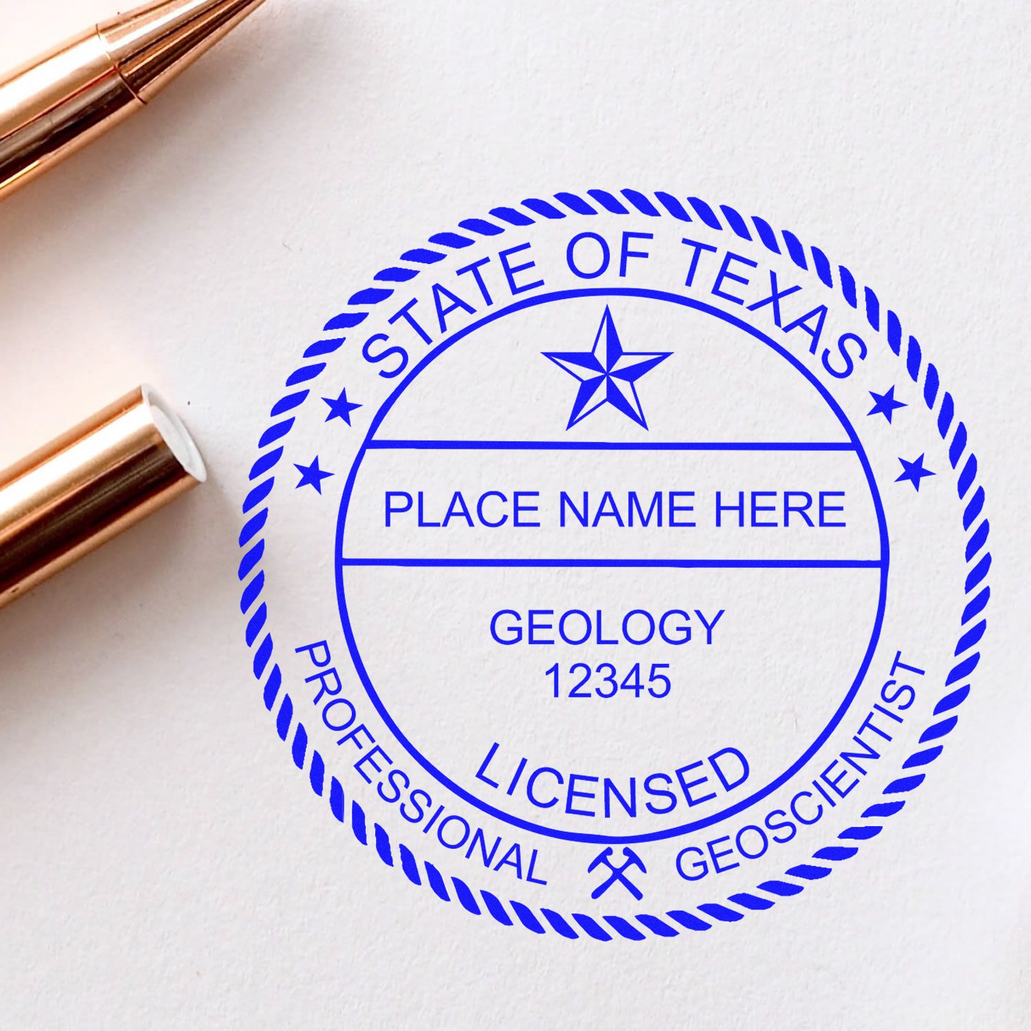 An alternative view of the Texas Professional Geologist Seal Stamp stamped on a sheet of paper showing the image in use