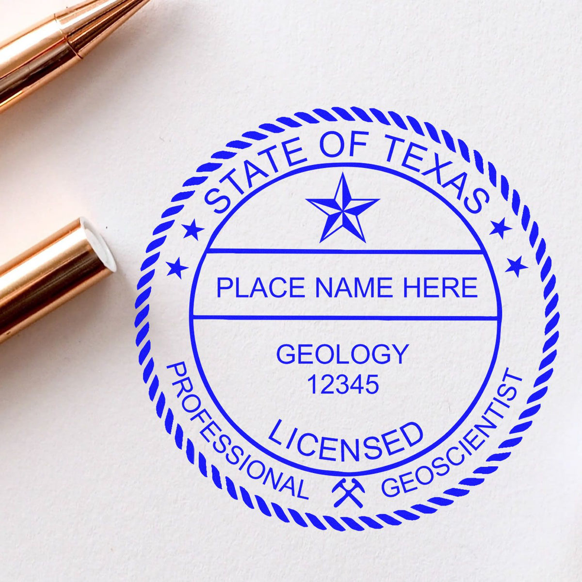 An alternative view of the Texas Professional Geologist Seal Stamp stamped on a sheet of paper showing the image in use