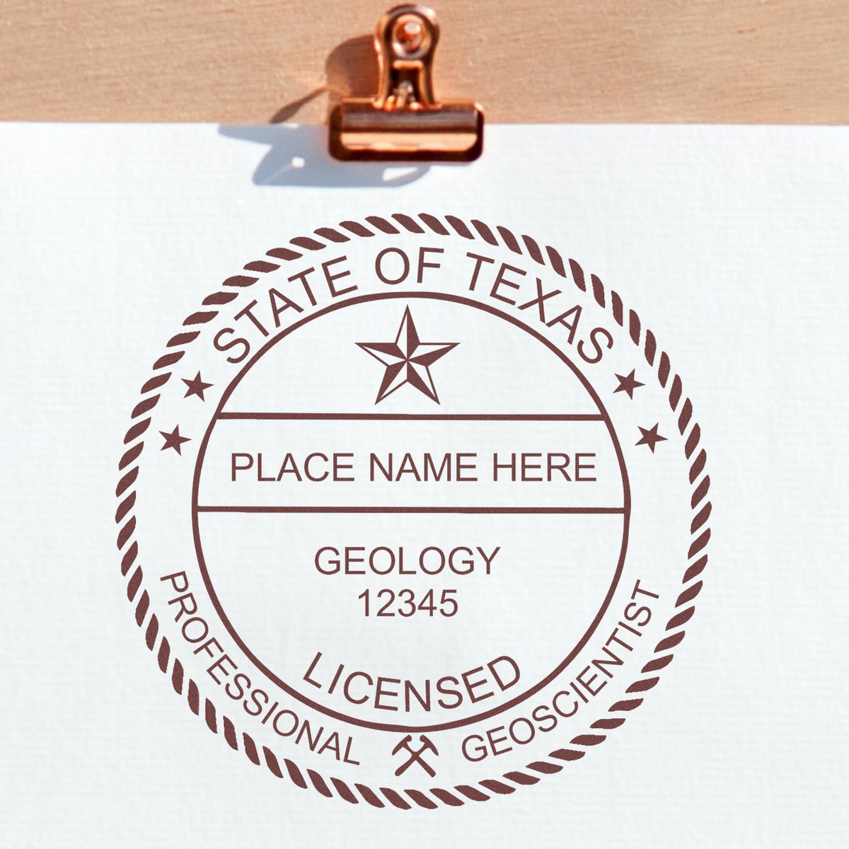 A photograph of the Premium MaxLight Pre-Inked Texas Geology Stamp stamp impression reveals a vivid, professional image of the on paper.