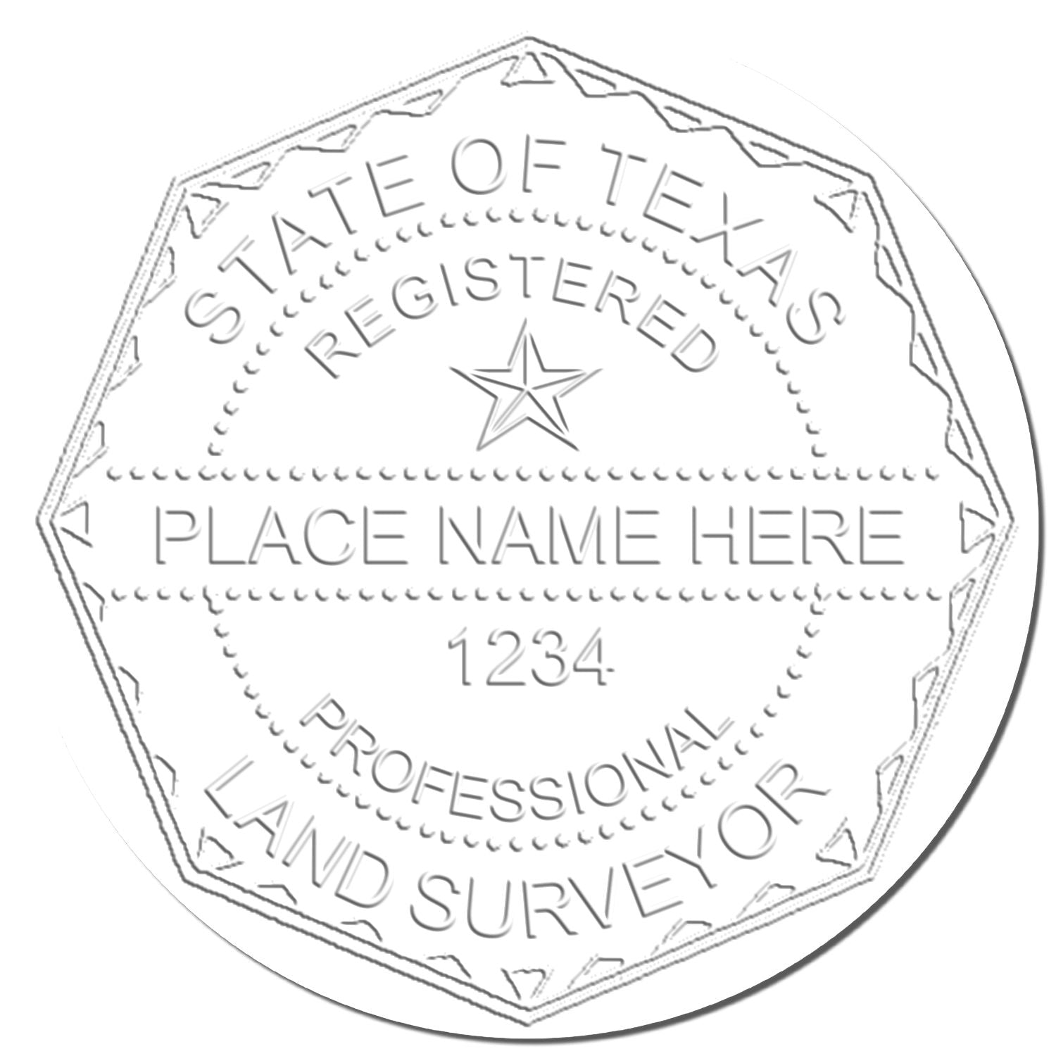 This paper is stamped with a sample imprint of the Heavy Duty Cast Iron Texas Land Surveyor Seal Embosser, signifying its quality and reliability.