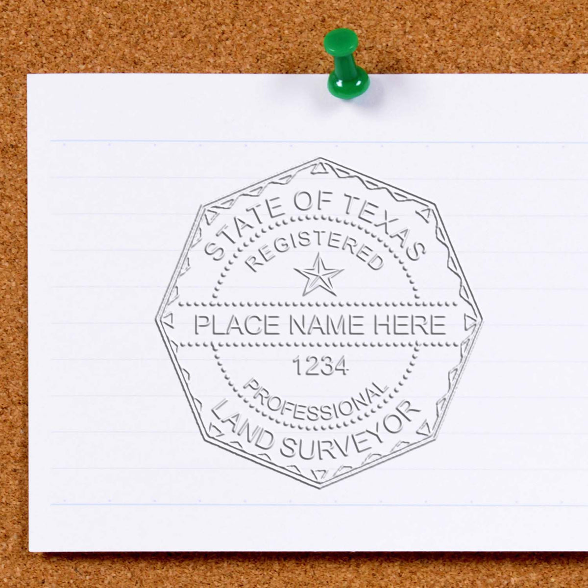 Another Example of a stamped impression of the State of Texas Soft Land Surveyor Embossing Seal on a piece of office paper.