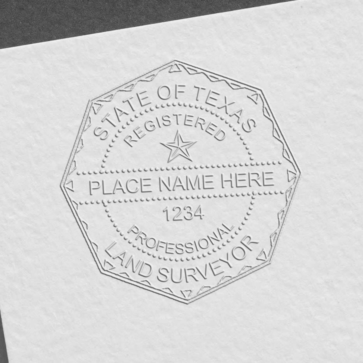 A lifestyle photo showing a stamped image of the State of Texas Soft Land Surveyor Embossing Seal on a piece of paper