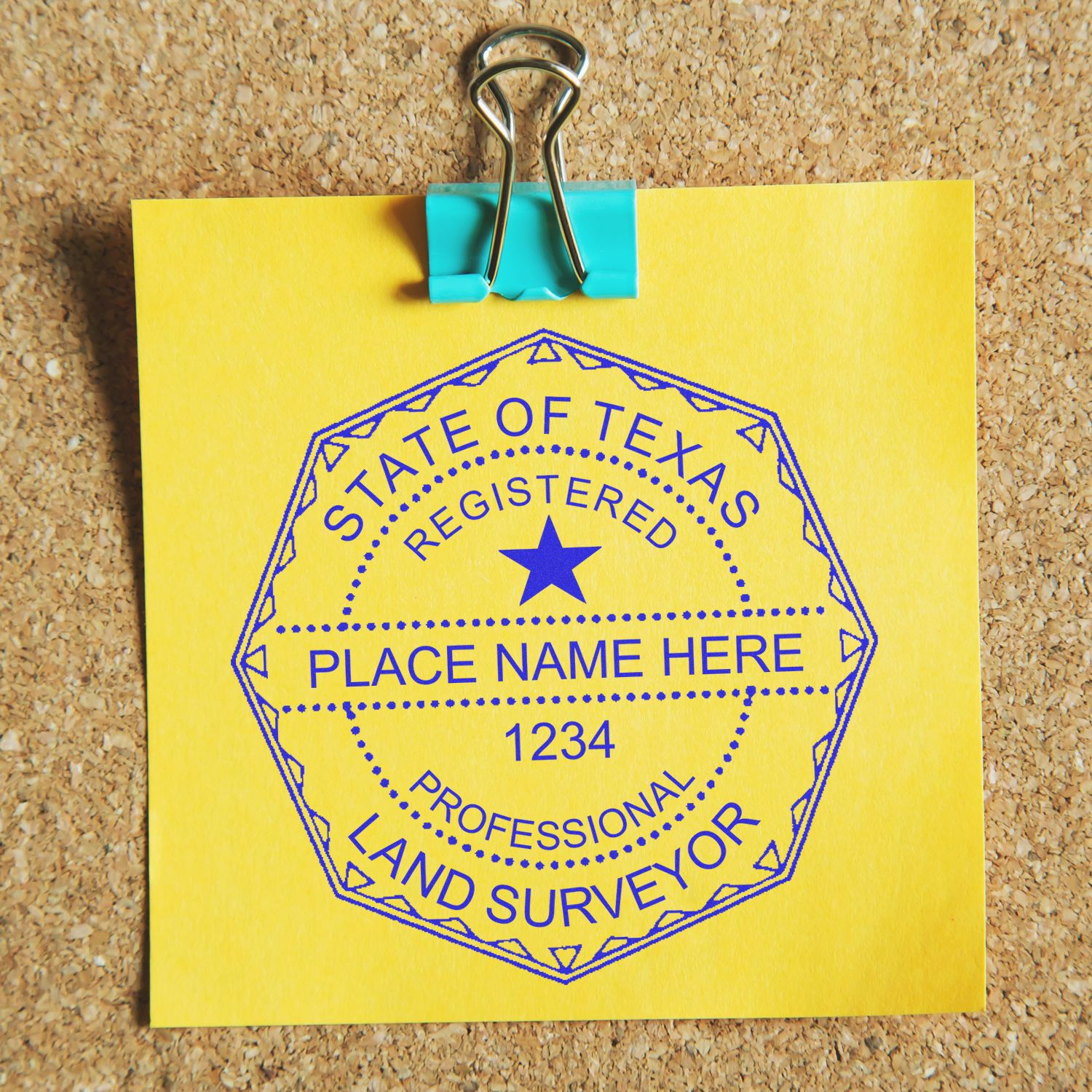 Digital Texas Land Surveyor Stamp, Electronic Seal for Texas Land Surveyor on a yellow sticky note clipped to a corkboard.