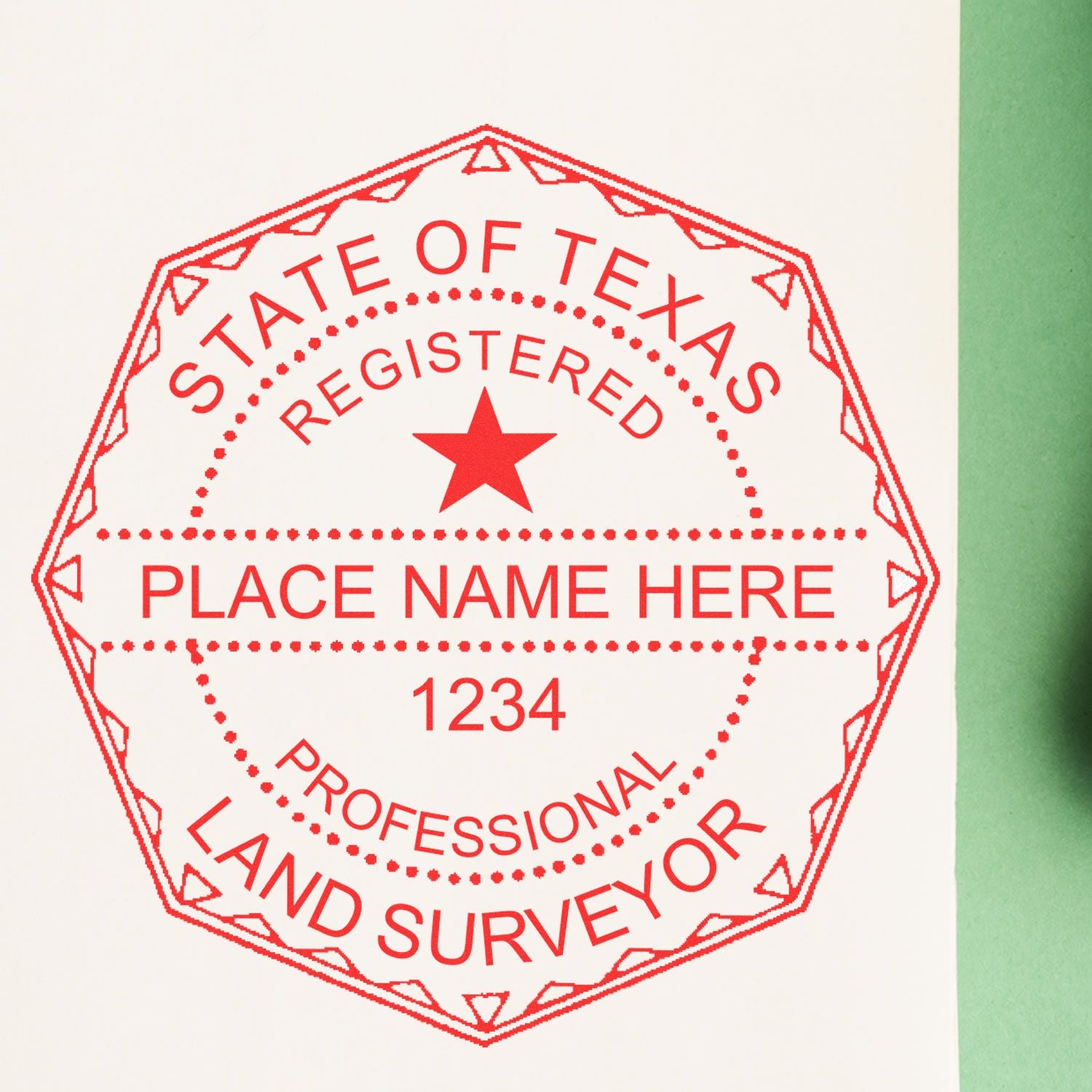 Digital Texas Land Surveyor Stamp, Electronic Seal for Texas Land Surveyor, red octagonal design with customizable text fields.