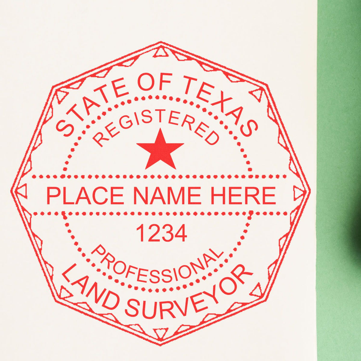 A lifestyle photo showing a stamped image of the Slim Pre-Inked Texas Land Surveyor Seal Stamp on a piece of paper