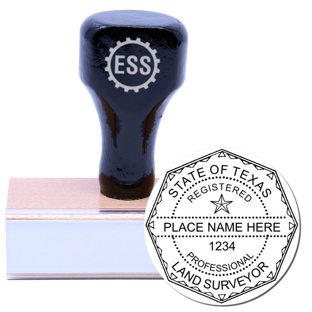 Texas Land Surveyor Seal Stamp, TX PLS Stamp with a wooden handle and a circular imprint design for professional land surveyors in Texas.