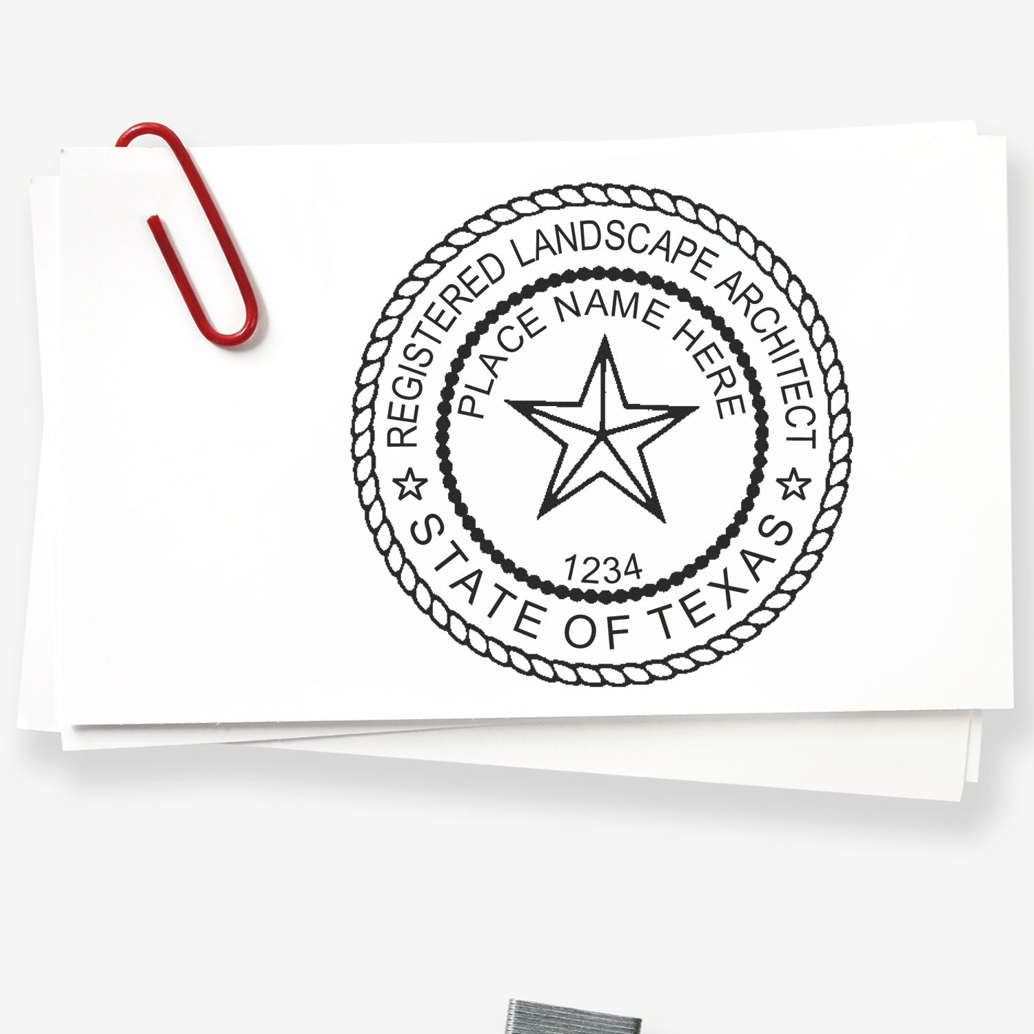 The main image for the Self-Inking Texas Landscape Architect Stamp depicting a sample of the imprint and electronic files