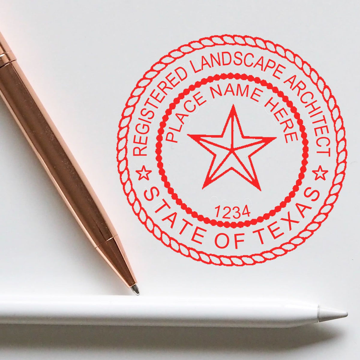 A photograph of the Digital Texas Landscape Architect Stamp stamp impression reveals a vivid, professional image of the on paper.