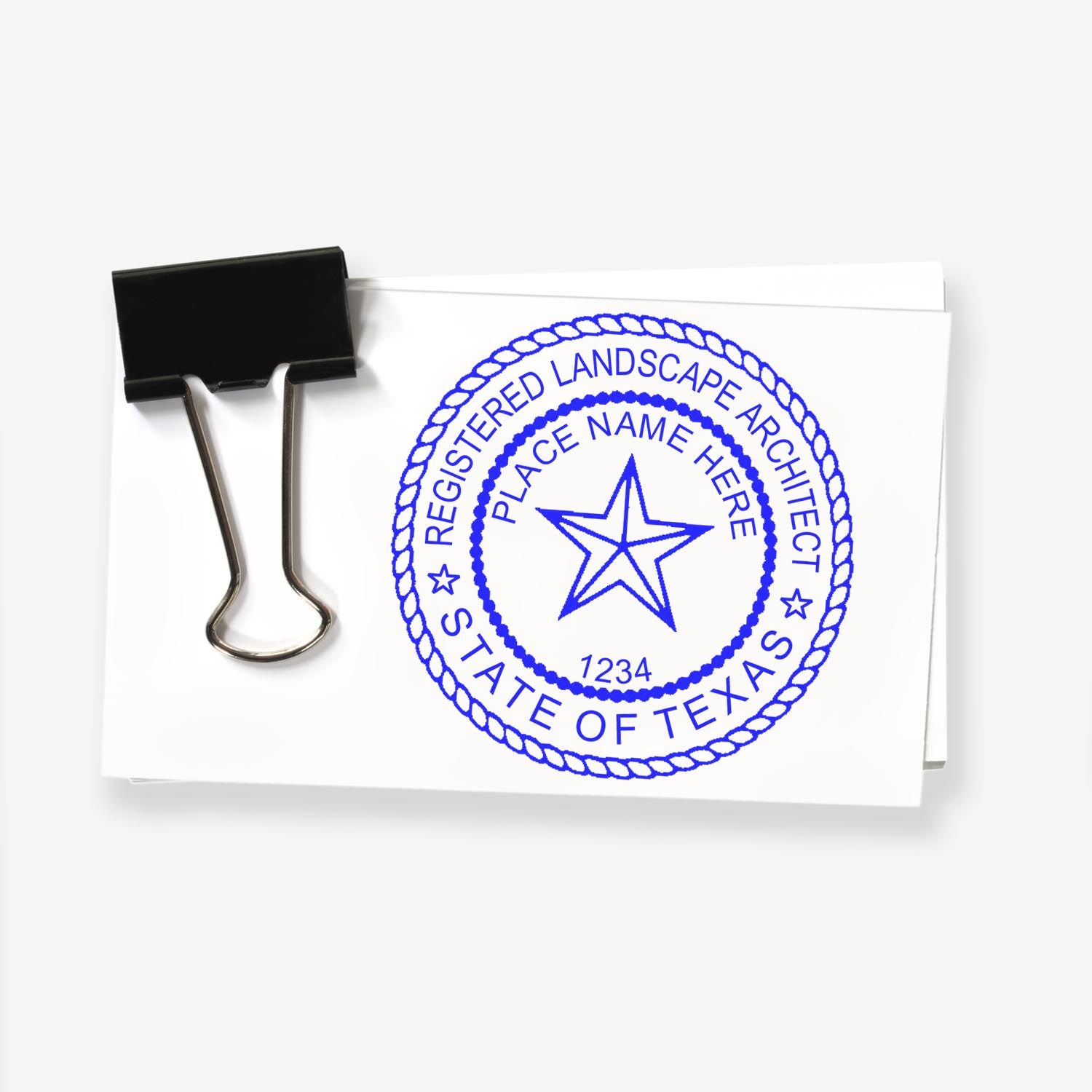 This paper is stamped with a sample imprint of the Self-Inking Texas Landscape Architect Stamp, signifying its quality and reliability.