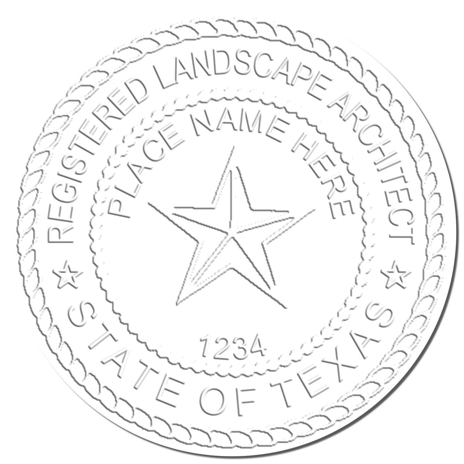 This paper is stamped with a sample imprint of the State of Texas Handheld Landscape Architect Seal, signifying its quality and reliability.