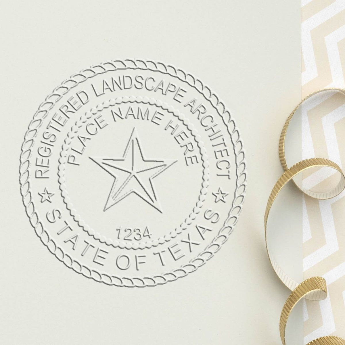 A photograph of the Hybrid Texas Landscape Architect Seal stamp impression reveals a vivid, professional image of the on paper.