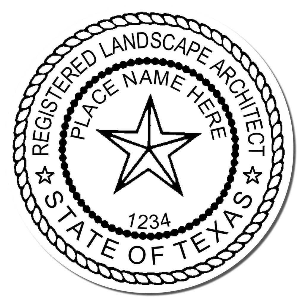 A lifestyle photo showing a stamped image of the Slim Pre-Inked Texas Landscape Architect Seal Stamp on a piece of paper