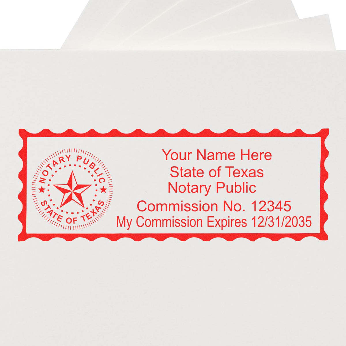 An alternative view of the Slim Pre-Inked State Seal Notary Stamp for Texas stamped on a sheet of paper showing the image in use