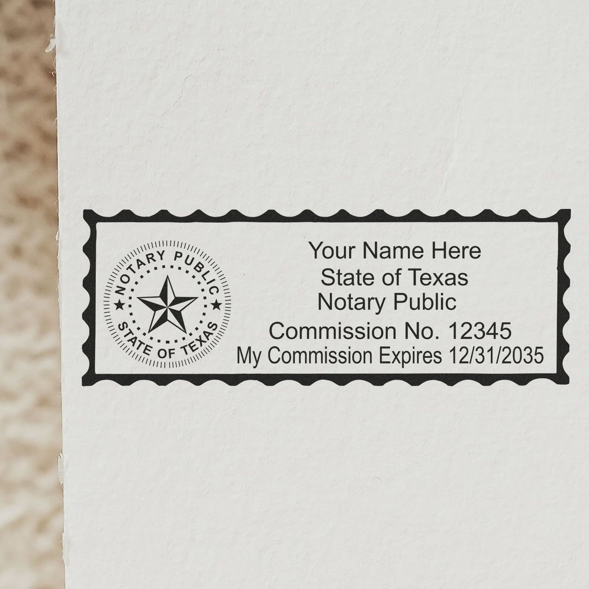 A lifestyle photo showing a stamped image of the Heavy-Duty Texas Rectangular Notary Stamp on a piece of paper