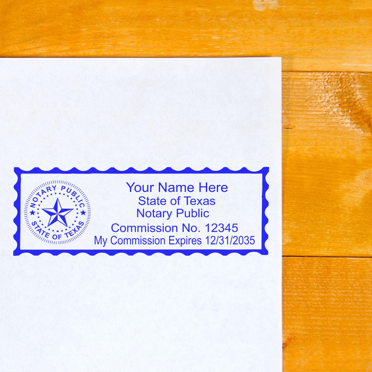 An alternative view of the PSI Texas Notary Stamp stamped on a sheet of paper showing the image in use