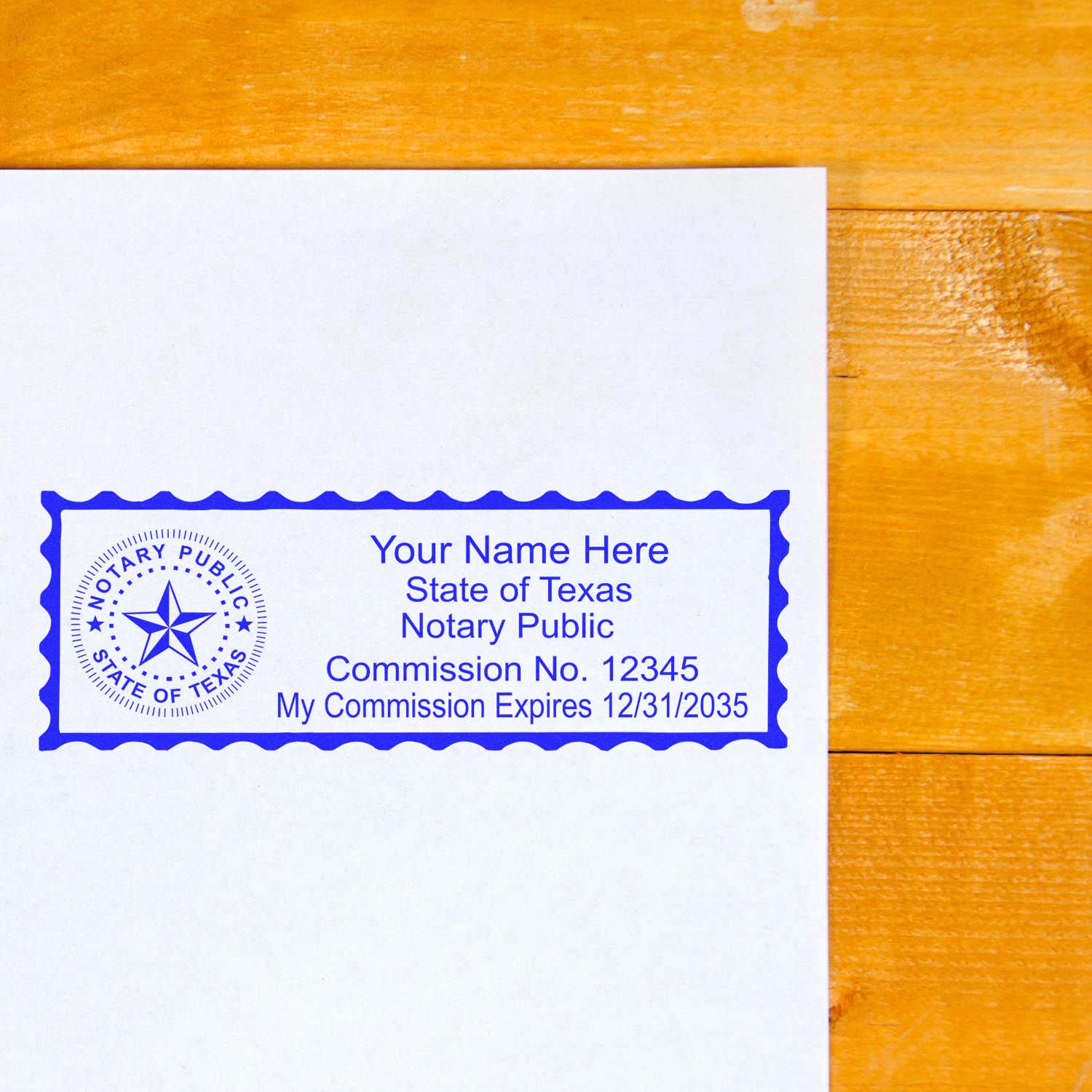 The main image for the Super Slim Texas Notary Public Stamp depicting a sample of the imprint and electronic files
