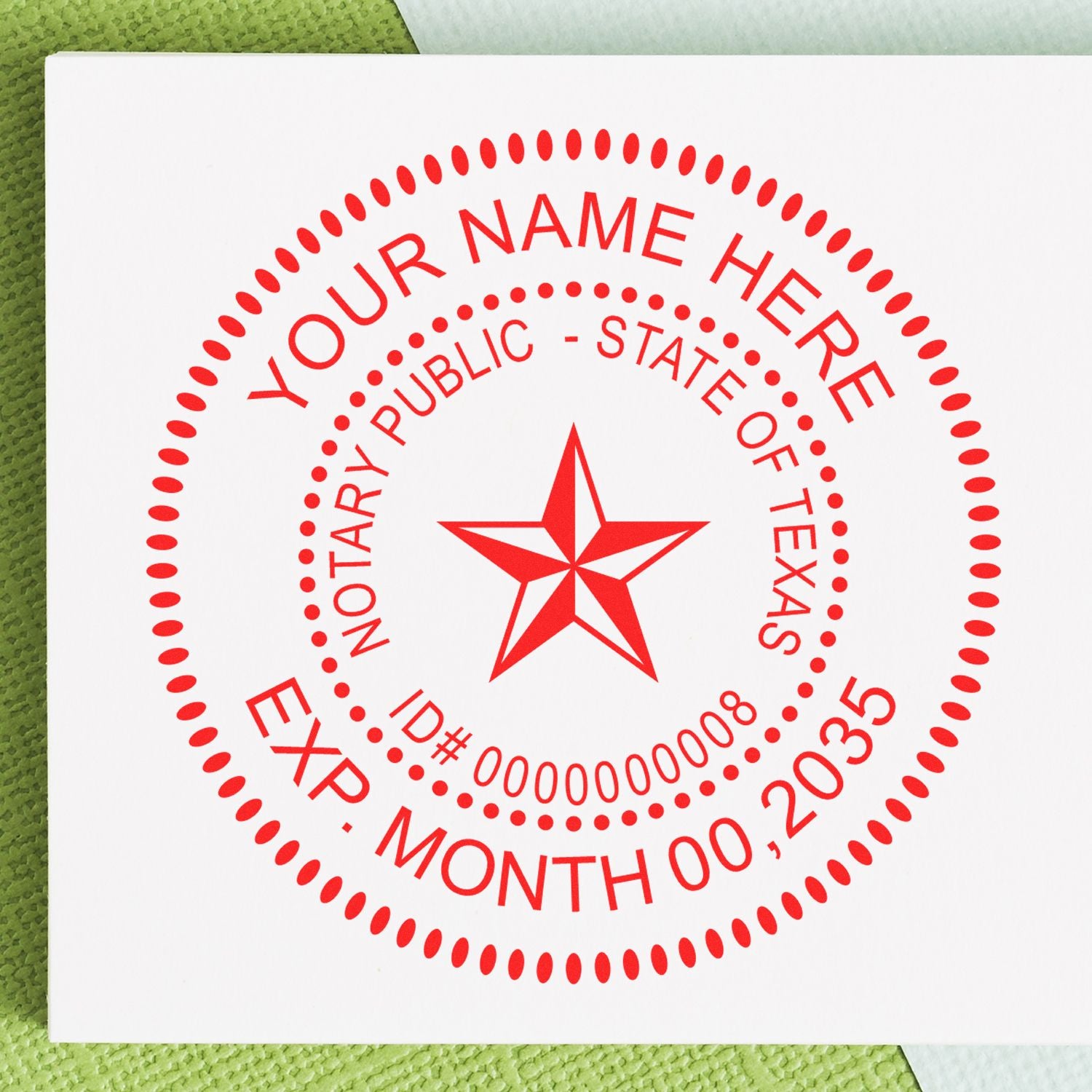A photograph of the Premium Pre-Inked Texas MaxLight Notary Public Stamp stamp impression reveals a vivid, professional image of the on paper.