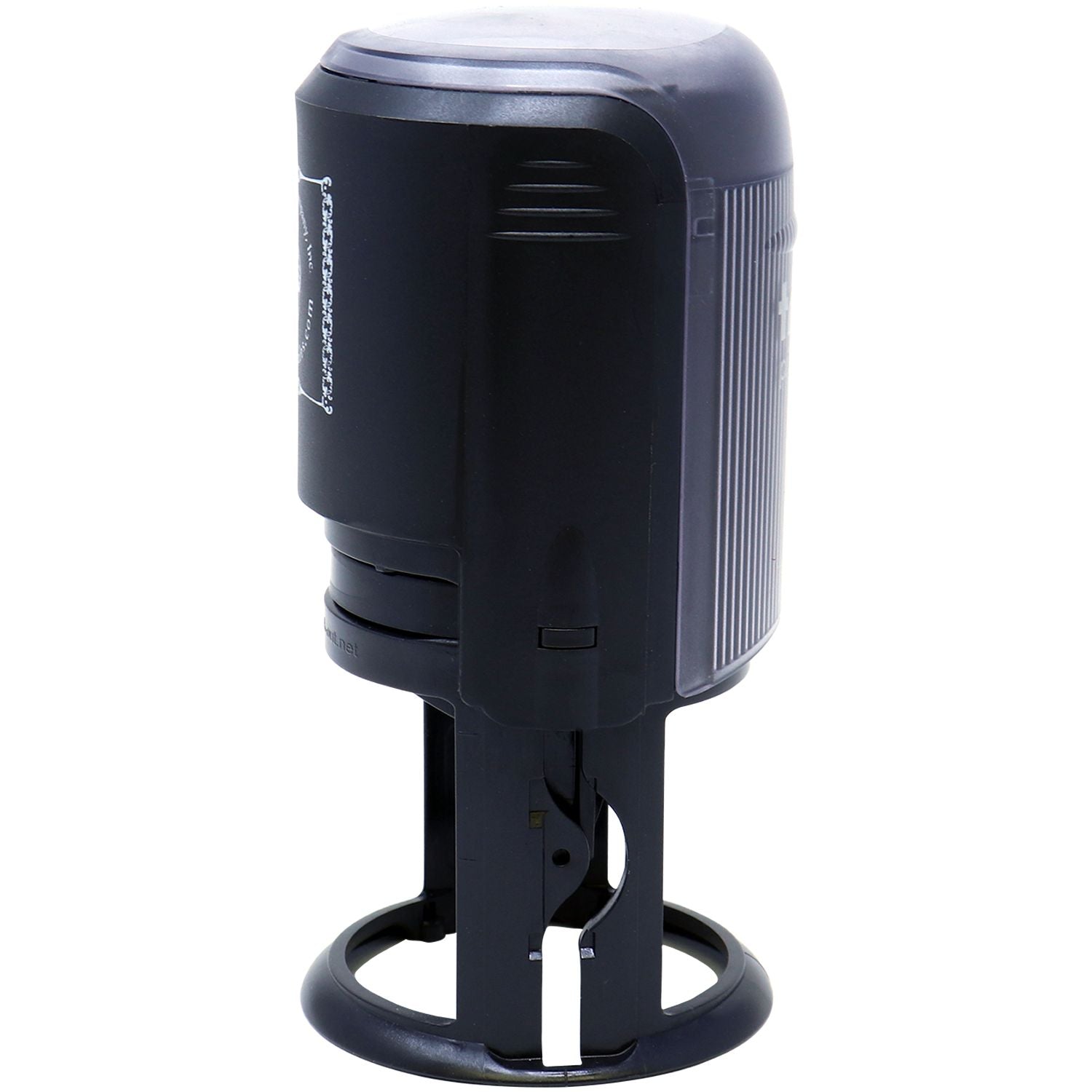 Self Inking Engineer Stamp of Seal, black and cylindrical, with a transparent top and a round base, shown in a side view.