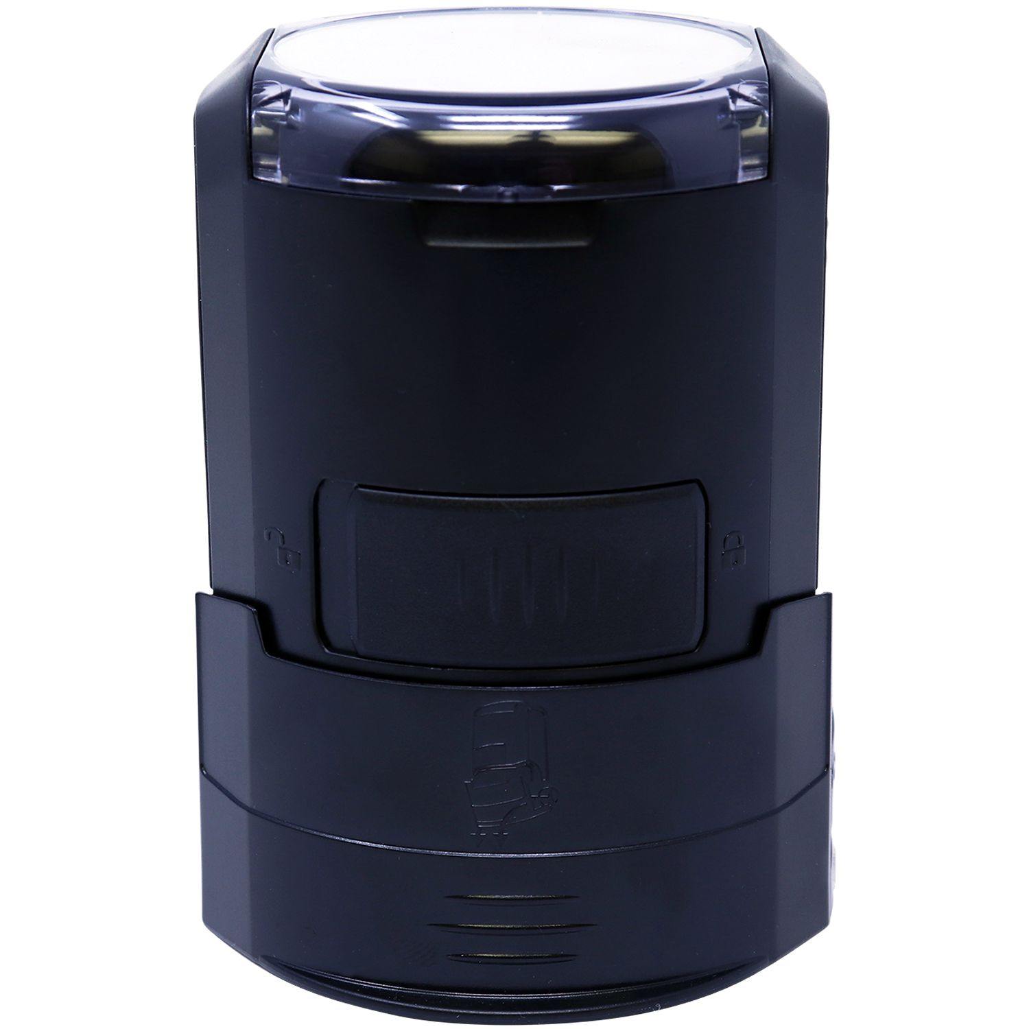 Geologist Self Inking Rubber Stamp of Seal, black cylindrical design with a clear top and a side view showing the stamp mechanism.