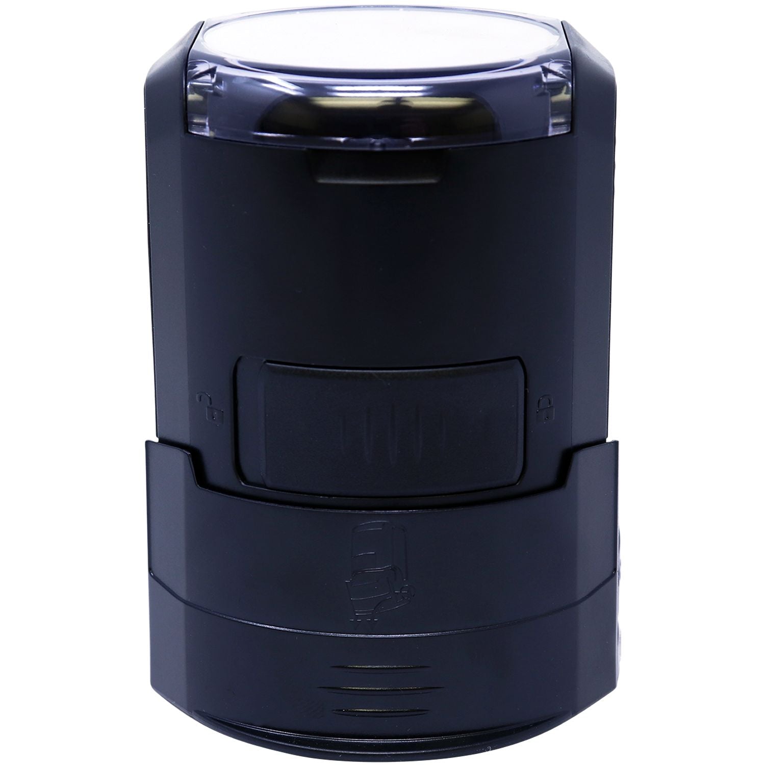 Custom Self Inking Stamp Trodat 46025 Size 1 Diameter, black casing, closed back side view, with a transparent top cover.