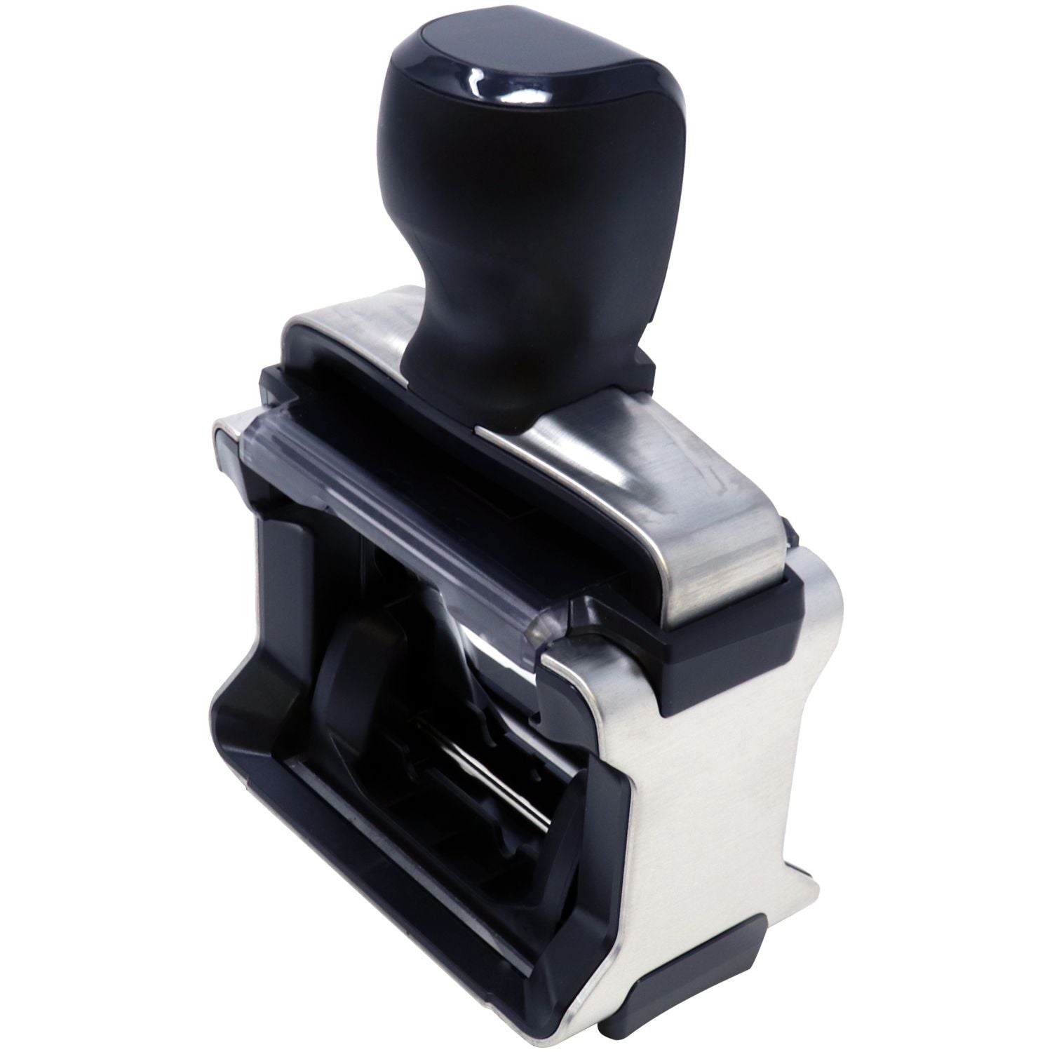 Custom Self Inking Stamp Trodat 5200 Size 1 x 1-5/8 in a closed position, featuring a black handle and metal frame, angled view.