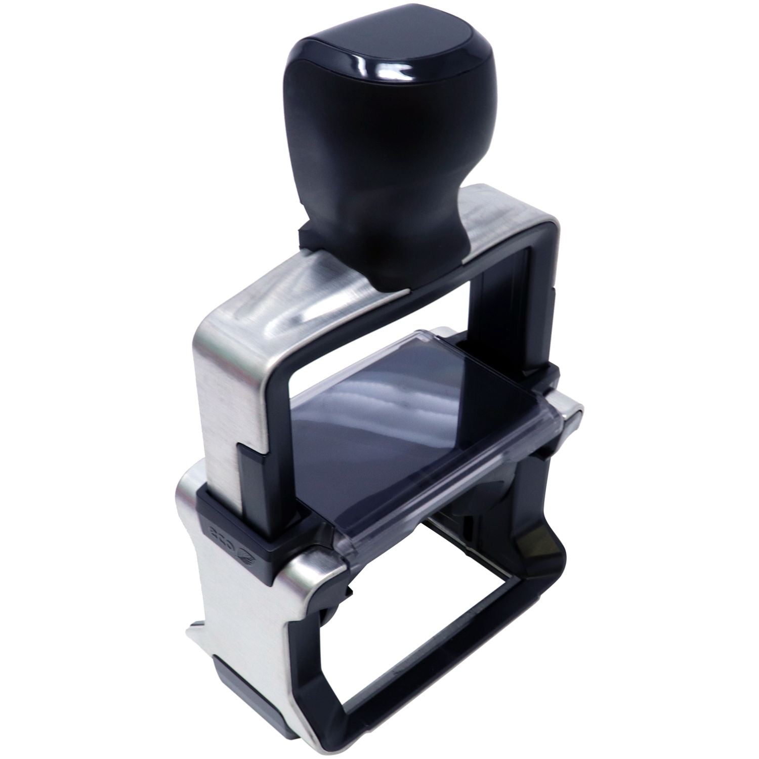 Custom Self Inking Stamp Trodat 5274 Size 1-9/16 x 2-3/8, shown from a top-down side angle, featuring a sleek black and silver design.