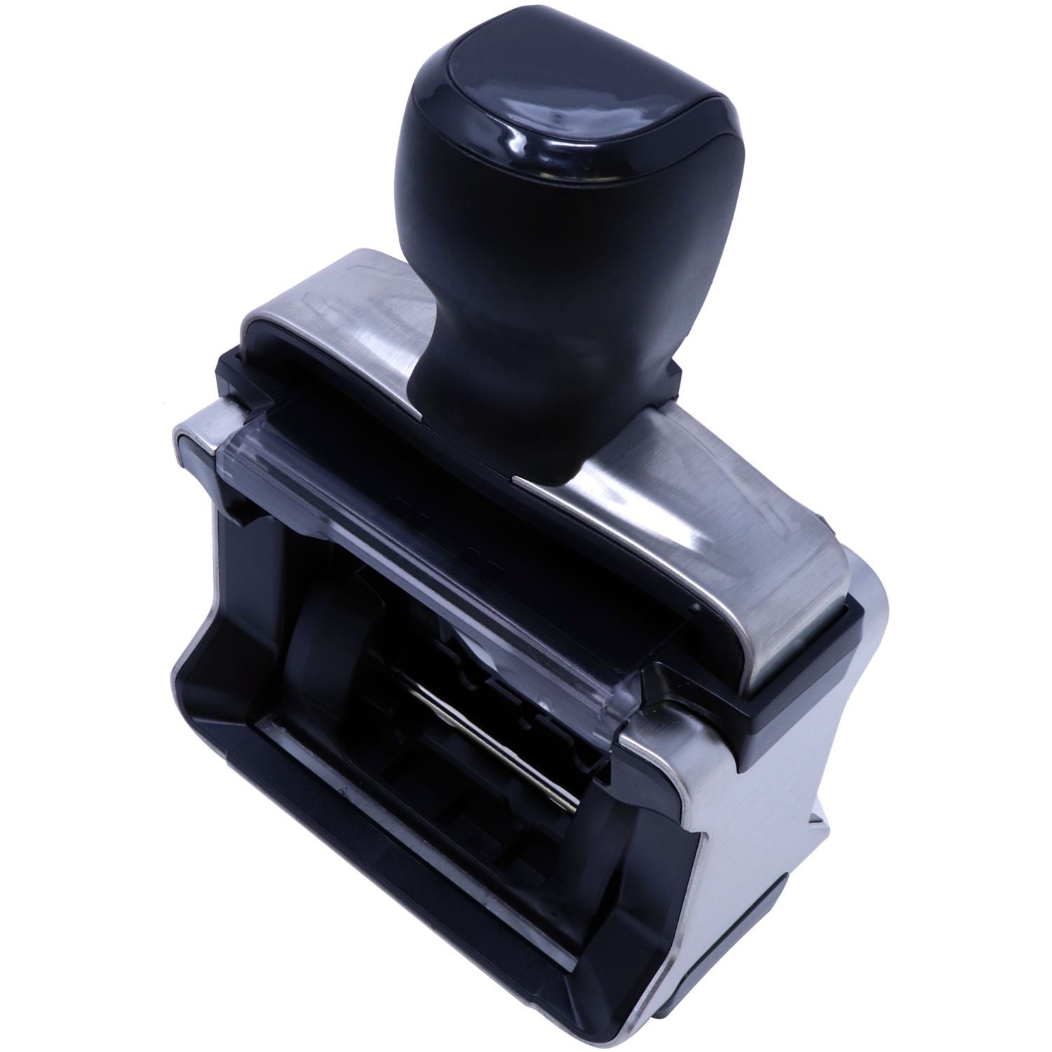 Top-down view of the Custom Self Inking Stamp Trodat 5200 Size 1 x 1-5/8 with a black handle and metal frame.