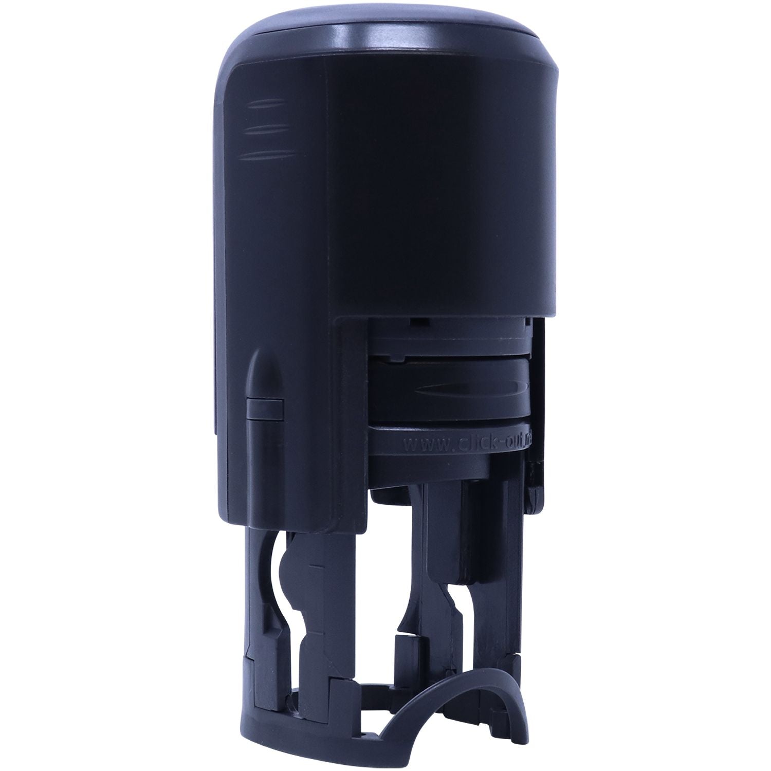 Self Inking Round A+ Stamp, black, shown from a back view angle, highlighting its compact and ergonomic design.