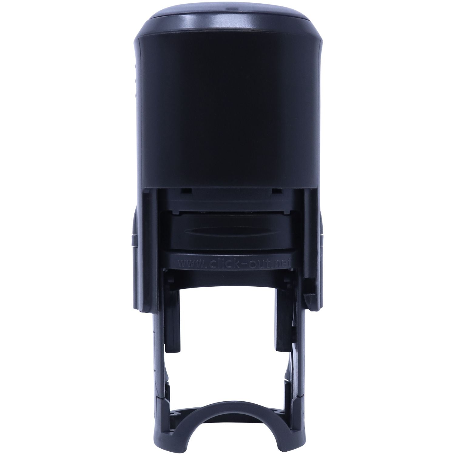 Black Self Inking Round A+ Stamp with a cylindrical design, shown from the back view, highlighting its compact and sturdy build.