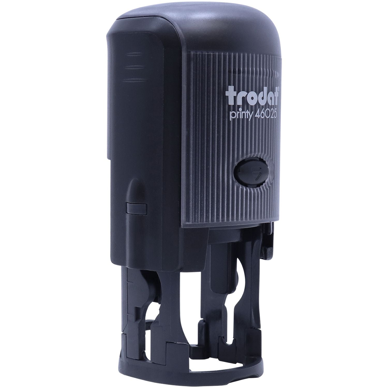 Self Inking Round Recycle Stamp by Trodat, black with a ribbed texture, shown from a front angle view.