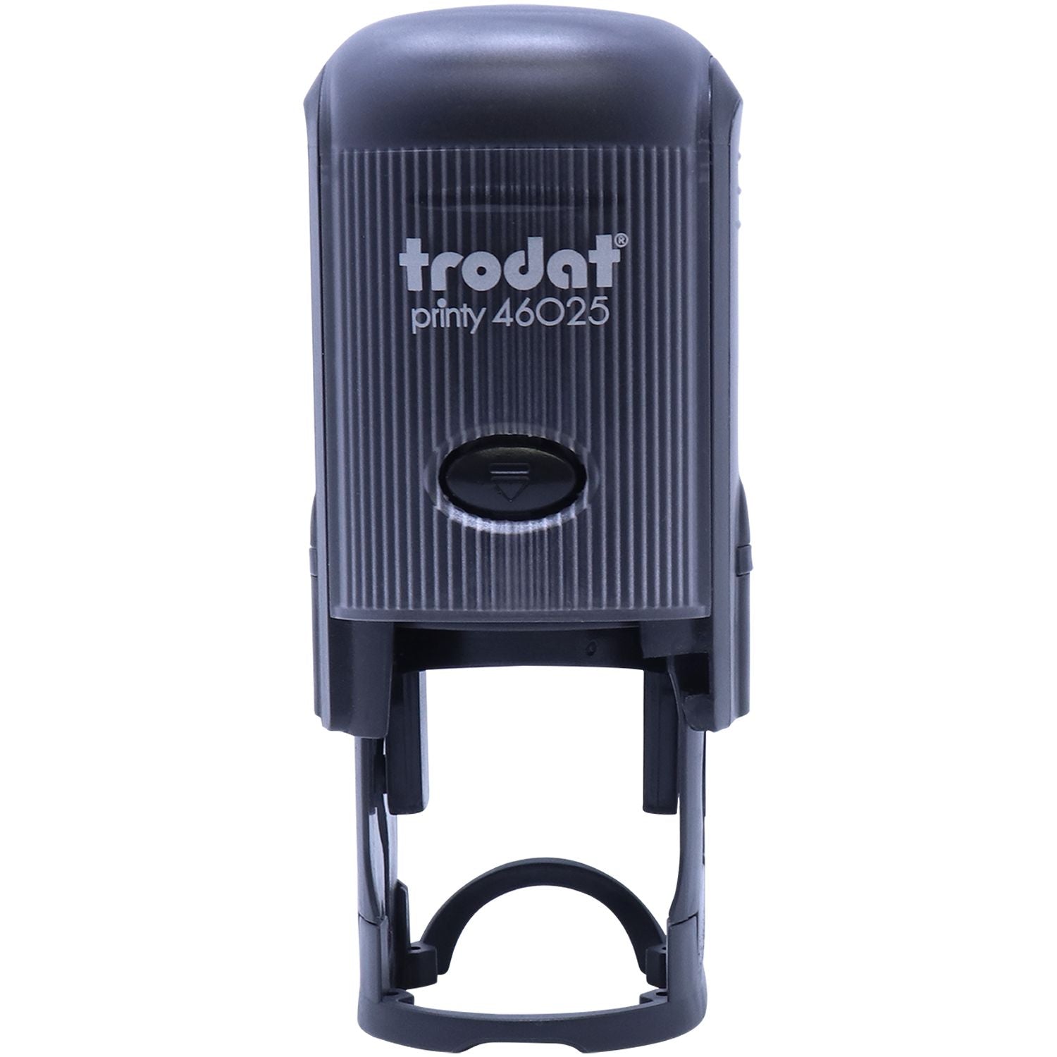 Self Inking Round Sign and Return Stamp, Trodat Printy 46025, black with a ribbed design, front view showing the stamp mechanism.