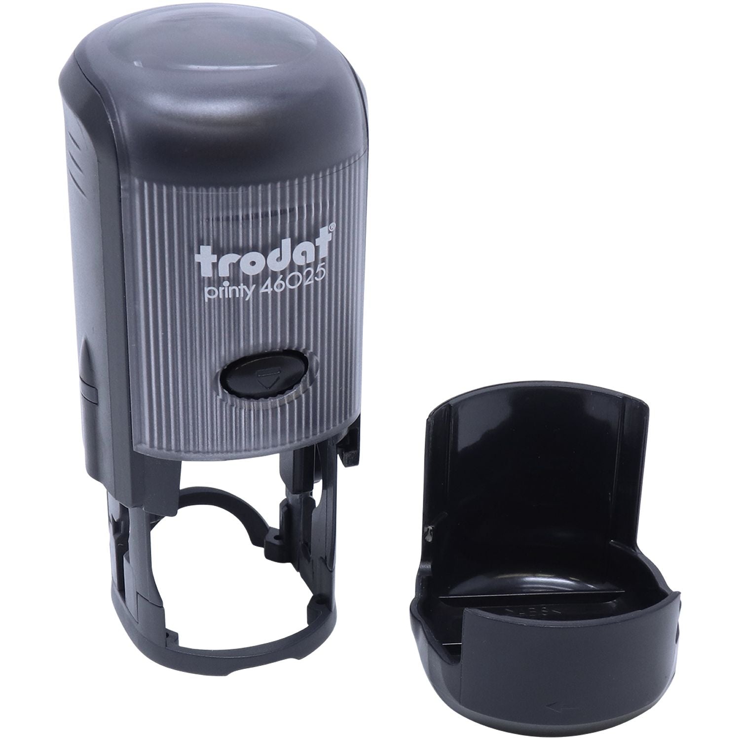 Self Inking Round A+ Stamp by Trodat, model 46025, shown with and without its black cap, ready for use.