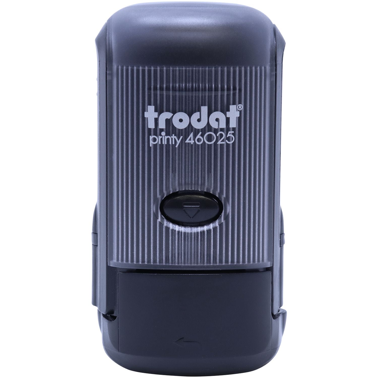 Self Inking Round A+ Stamp in a closed position, featuring a black and gray design with the label trodat printy 46025 on the front.