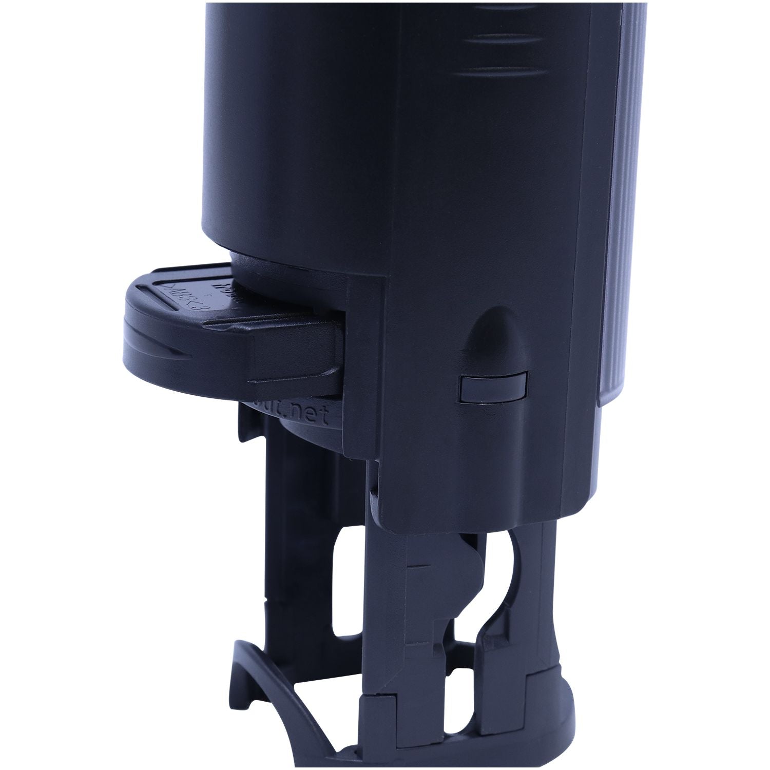 Close-up of the Self Inking Round Bravo Stamp in black, showing the ink pad mechanism and sturdy plastic construction.