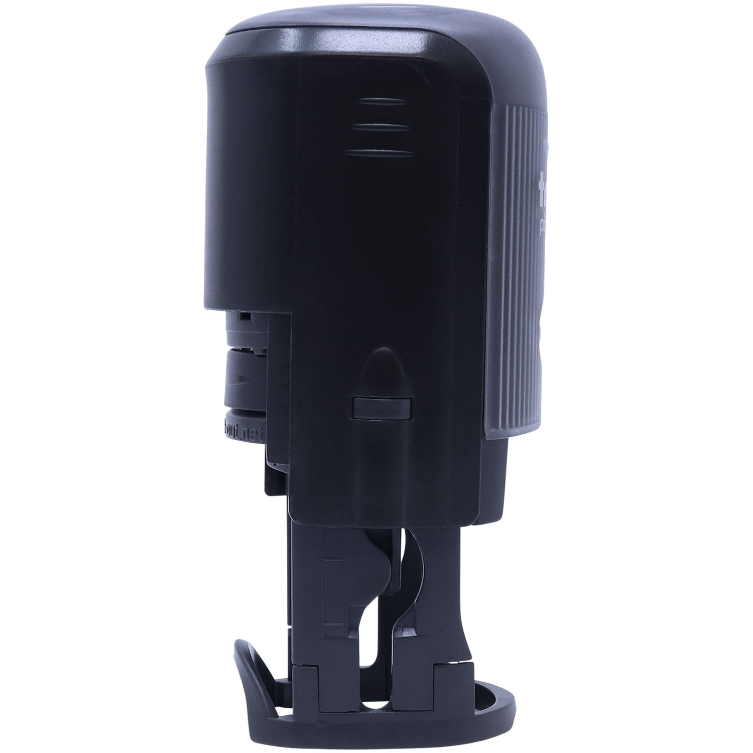 Side view of the Self Inking Round A+ Stamp, featuring a sleek black design with a compact and ergonomic shape for easy handling.