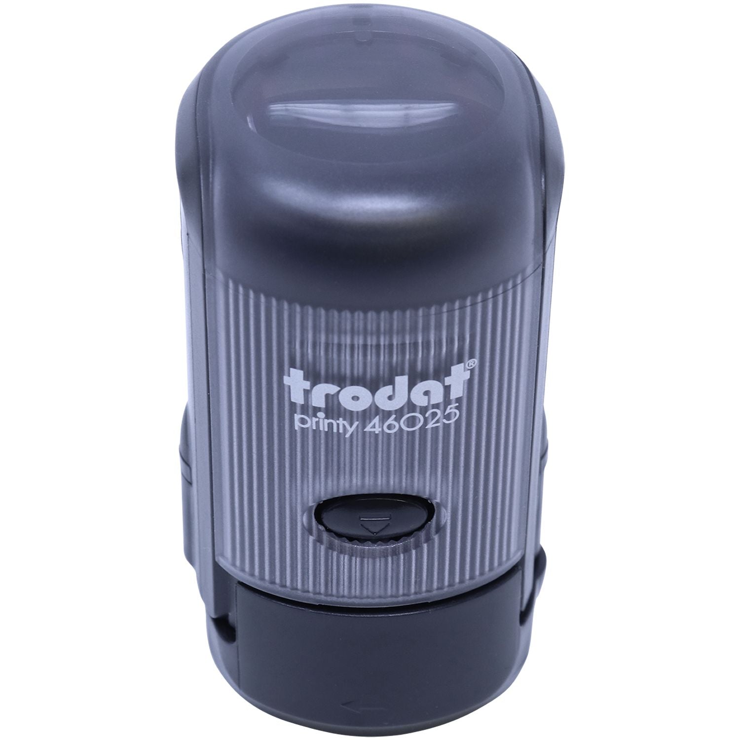 Self Inking Round Winking Smiley Stamp by Trodat, model 46025, in a closed position with a black and gray design.