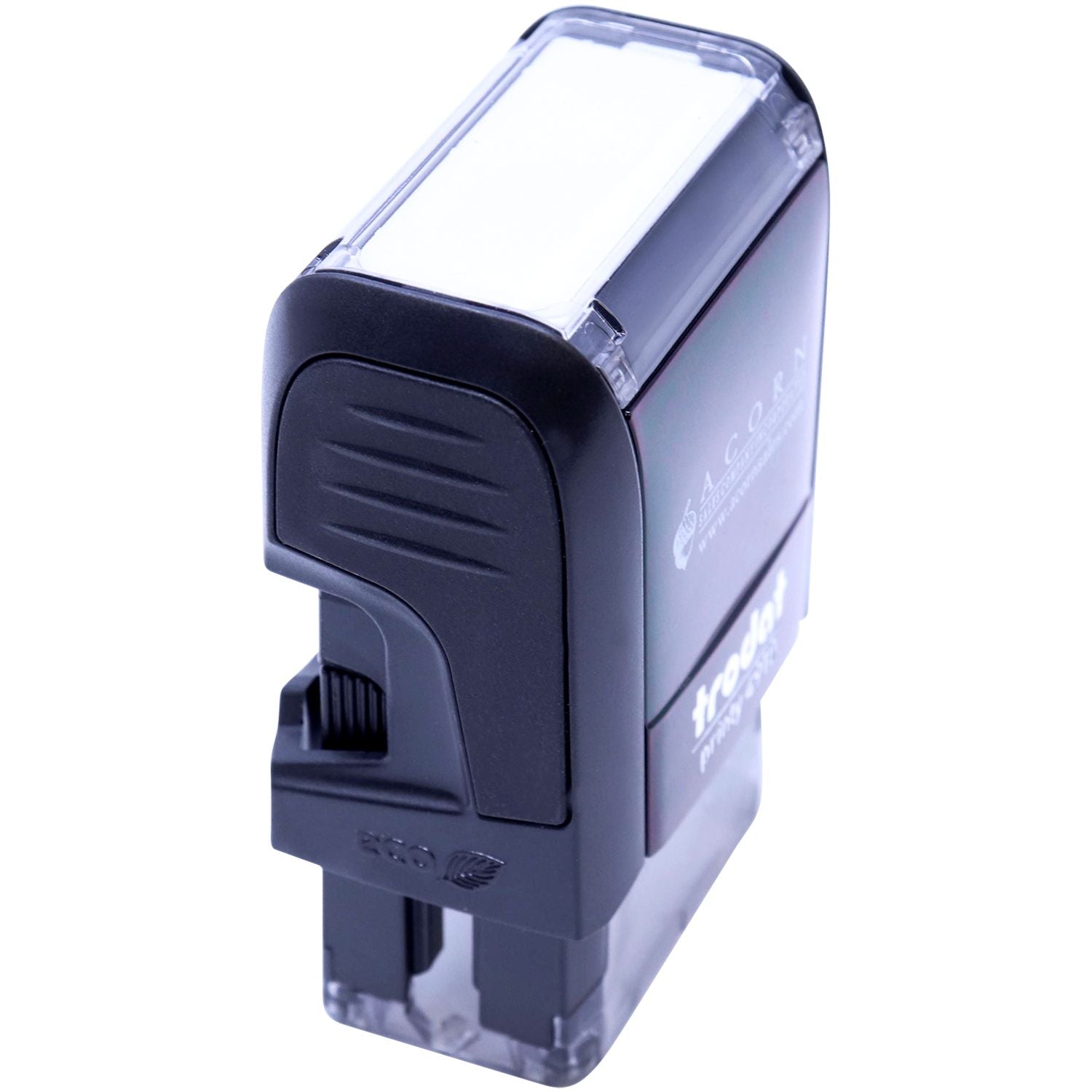 Custom Self Inking Stamp Trodat 4910 Size 3/8 x 1-3/32, black casing, angled front view with perspective, white stamp pad visible.