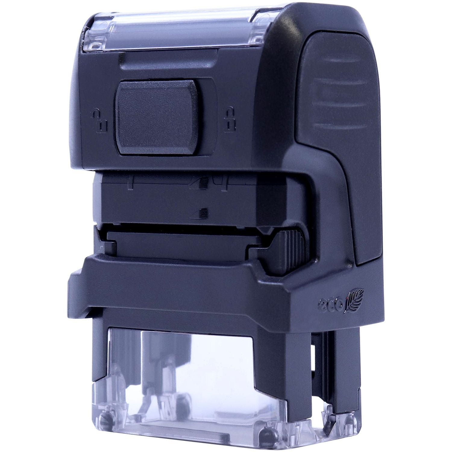 Custom Self Inking Stamp Trodat 4910 Size 3/8 x 1-3/32, black, back side view with clear base and compact design.