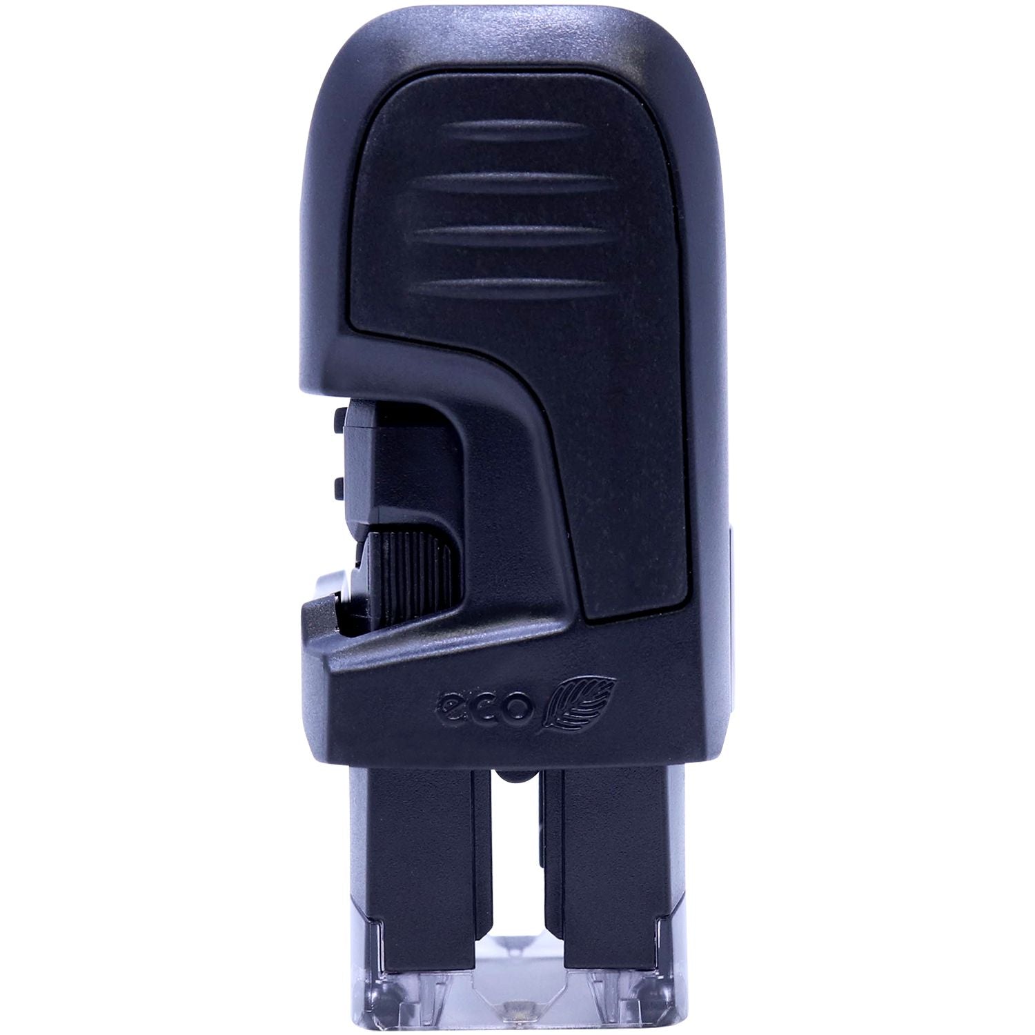 Side view of the Custom Self Inking Stamp Trodat 4910 Size 3/8 x 1-3/32, featuring a compact black design with eco-friendly logo.