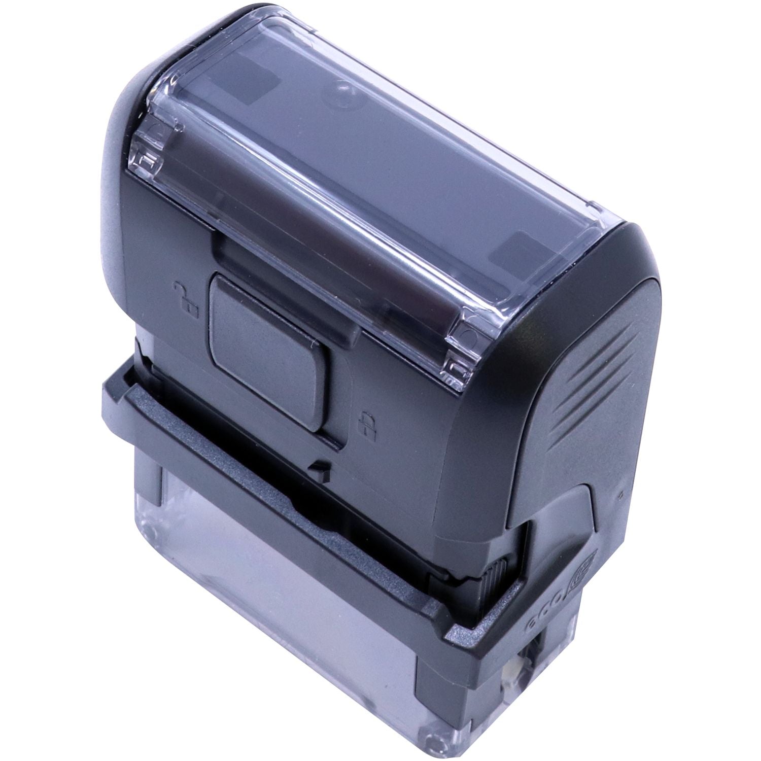 Custom Self Inking Stamp Trodat 4911 Size 9/16 x 1-1/2, angled back side view, featuring a black and transparent design.