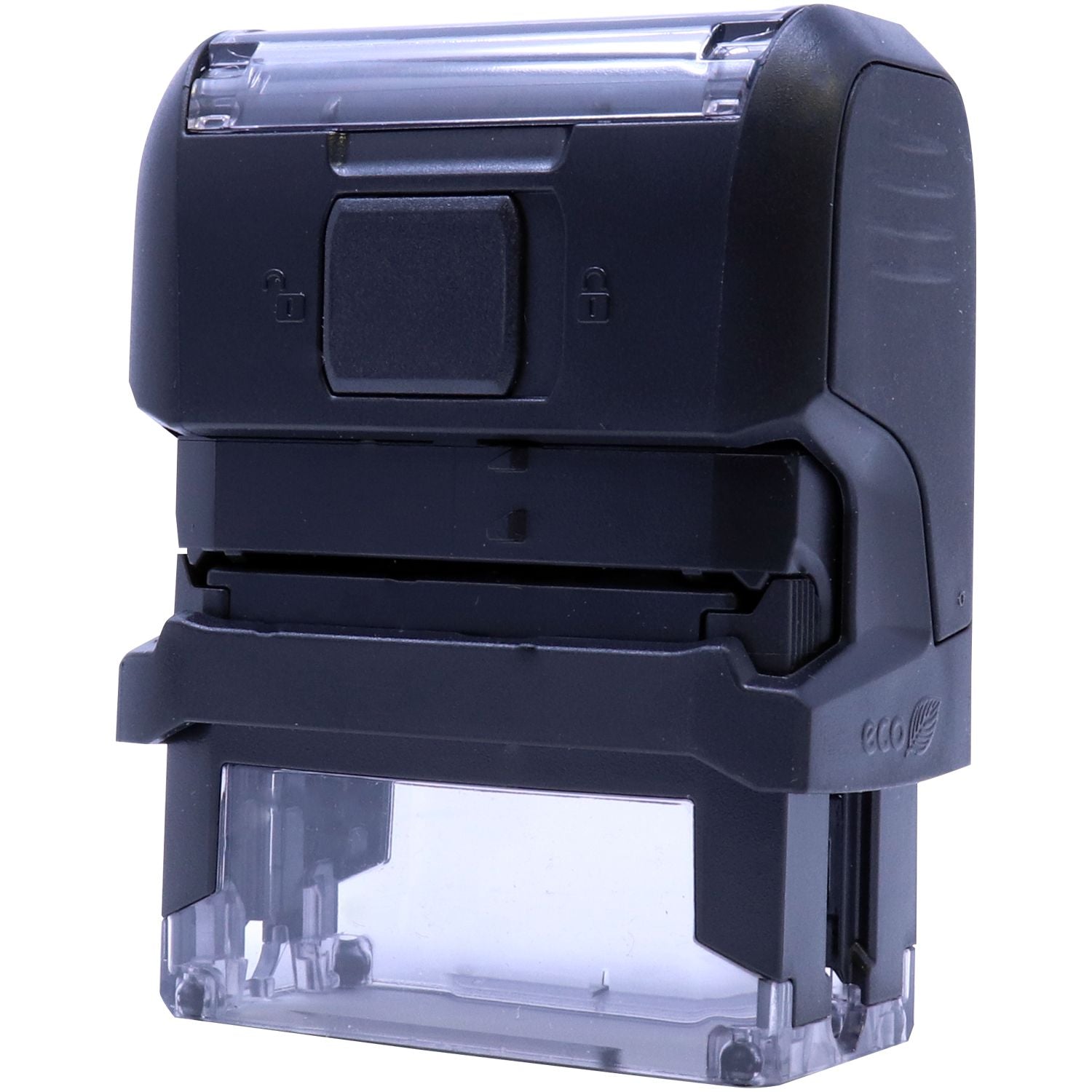 Custom Self Inking Stamp Trodat 4911 Size 9/16 x 1-1/2, black, angled back view showing the locking mechanism and clear base.