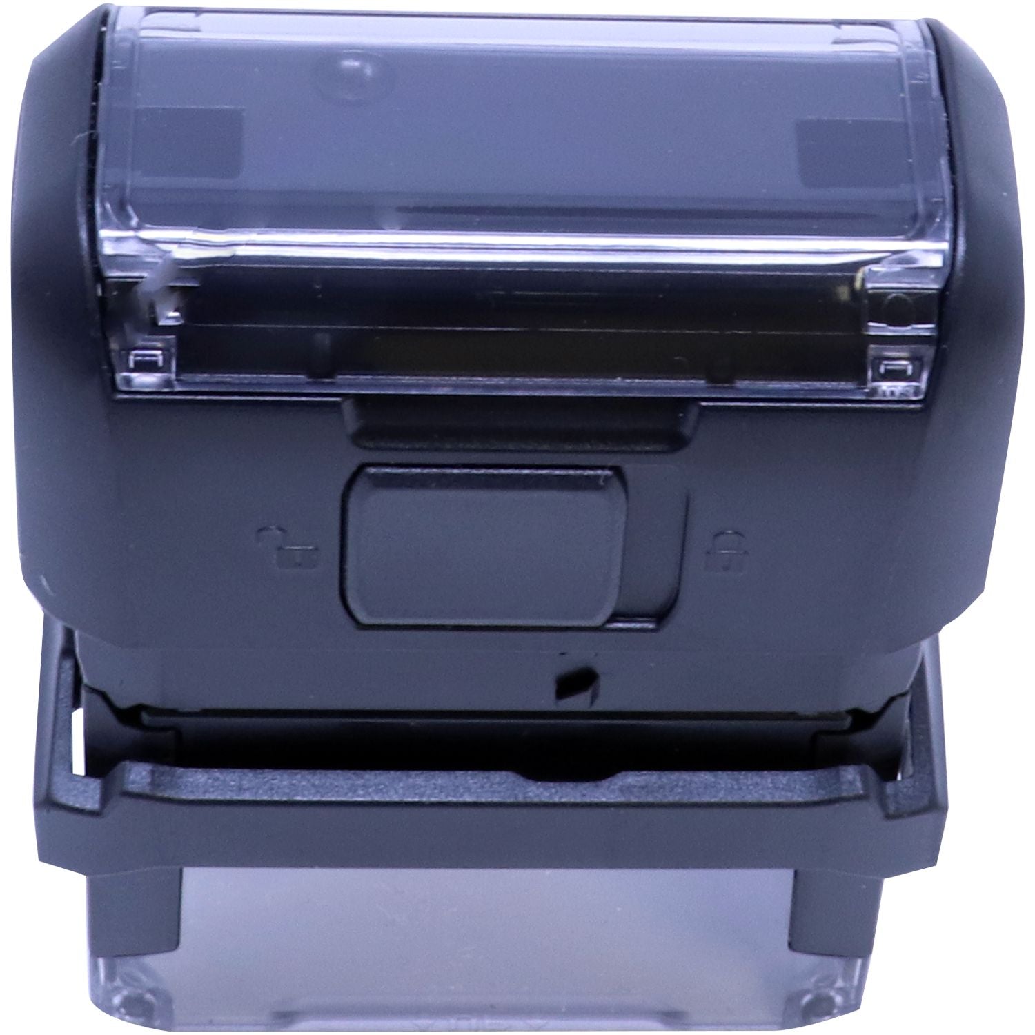 Custom Self Inking Stamp Trodat 4911 Size 9/16 x 1-1/2, black, angled back view showing the locking mechanism and transparent base.