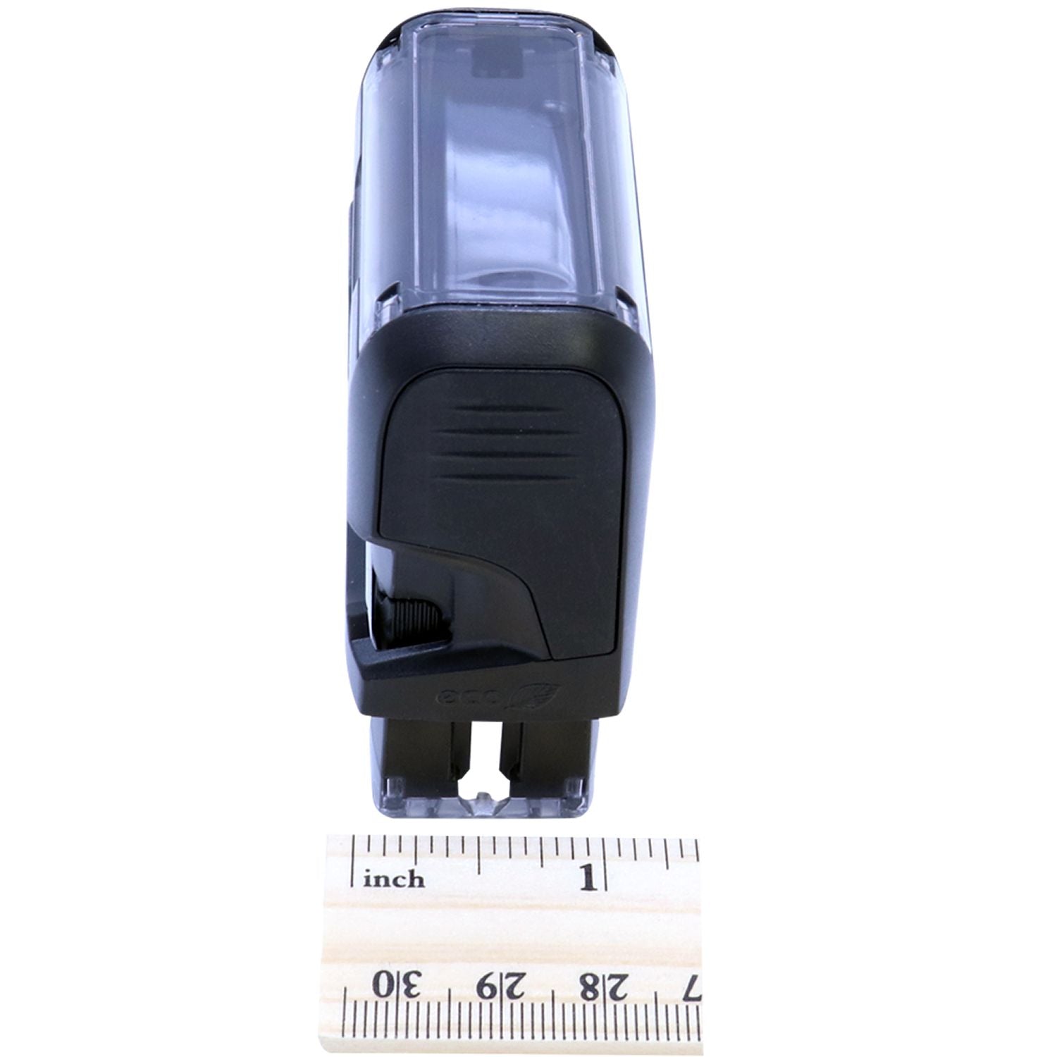 Custom Self Inking Stamp Trodat 4911 Size 9/16 x 1-1/2, black, angled side view with a ruler showing measurements in inches and centimeters.