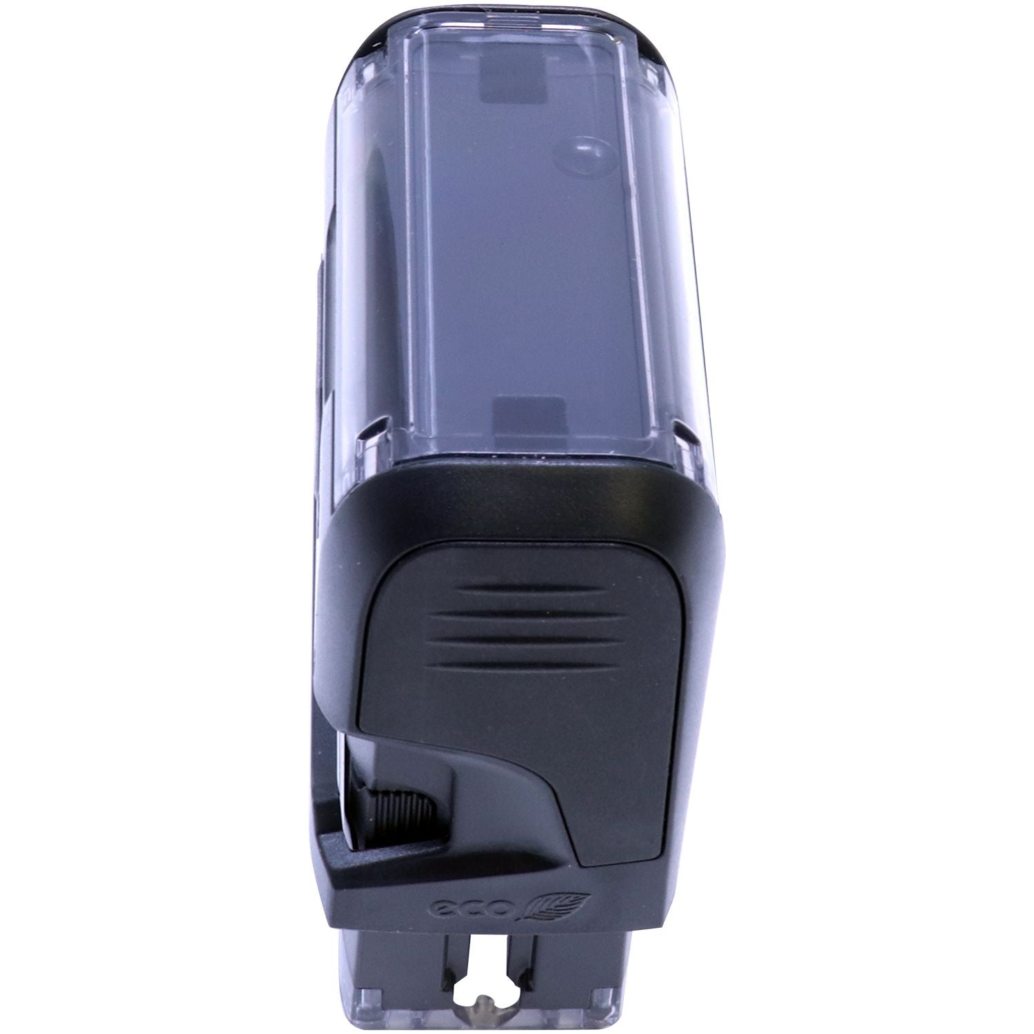 Custom Self Inking Stamp Trodat 4911 Size 9/16 x 1-1/2, shown in an angled side view with a black and clear design.