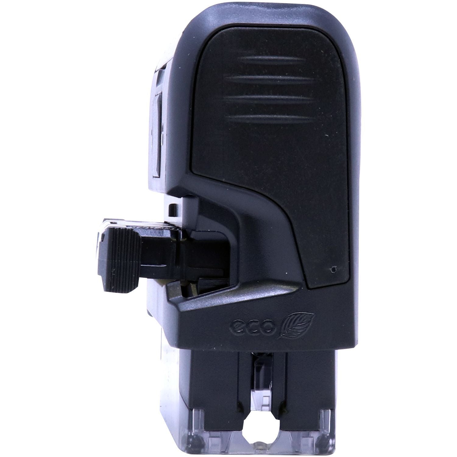 Side view of Custom Self Inking Stamp Trodat 4911 Size 9/16 x 1-1/2 with pad extended, showcasing eco-friendly design and compact build.