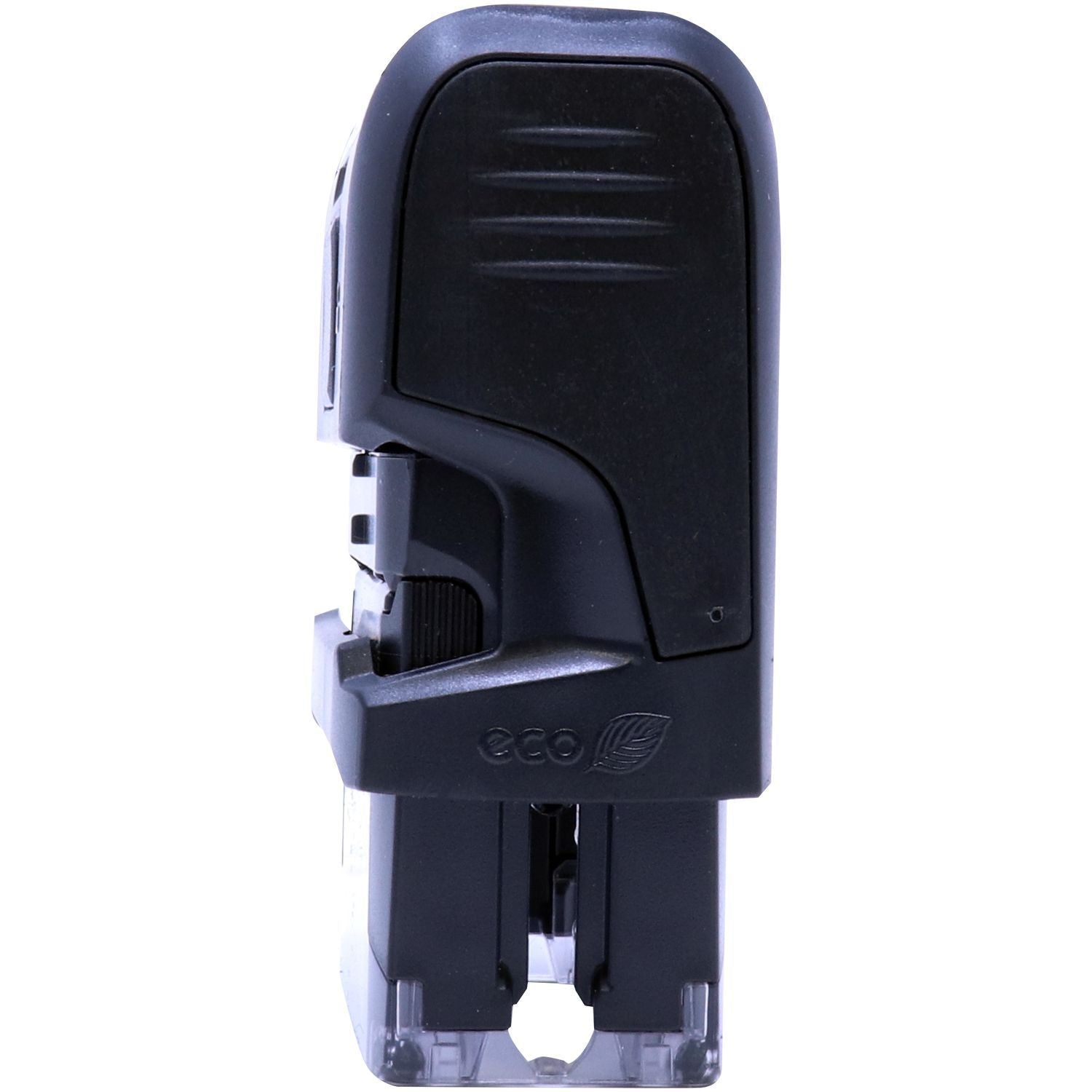 Side view of the Custom Self Inking Stamp Trodat 4911, size 9/16 x 1-1/2, featuring a black casing with eco-friendly logo.