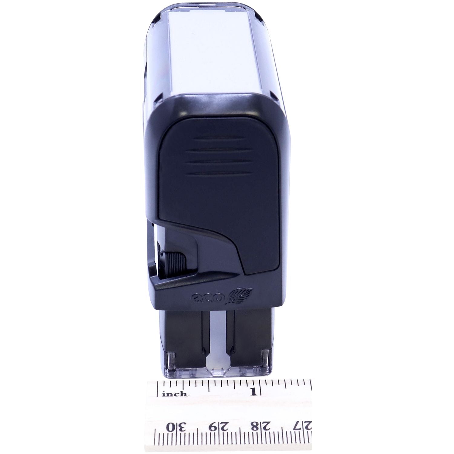 Custom Self Inking Stamp Trodat 4912 Size 3/4 x 1-7/8, black, side view with a ruler showing measurements in inches.