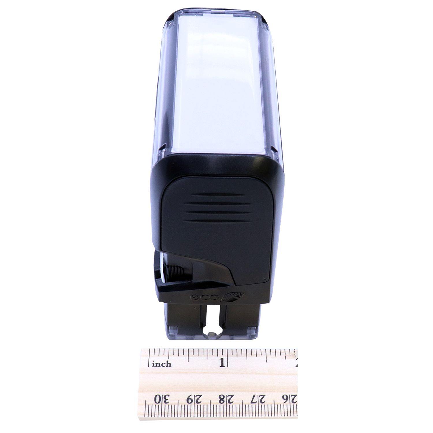 Self Inking Preliminary Stamp in black, shown from the side with a ruler in front for scale, measuring approximately 3 inches tall.