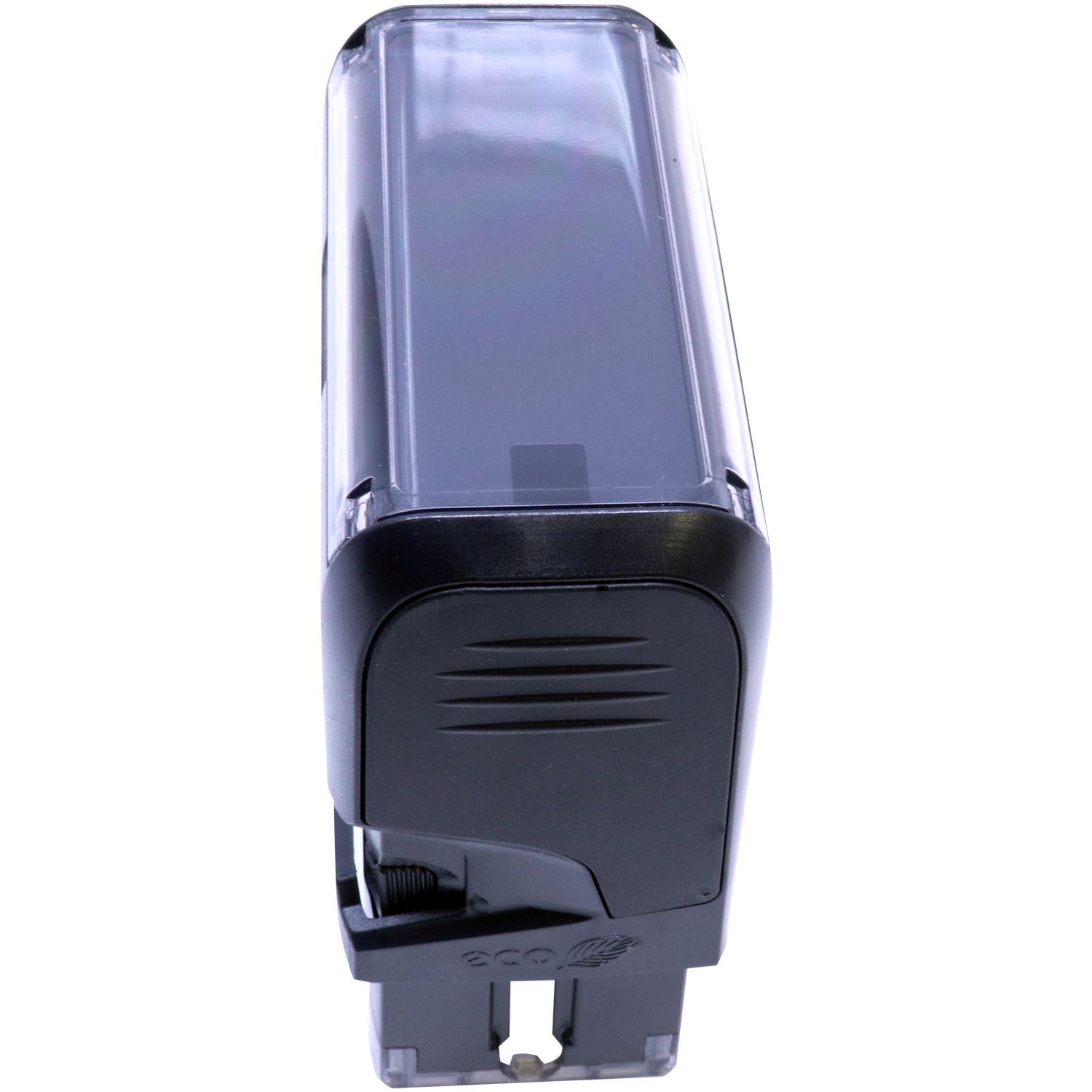 Self Inking Preliminary Stamp, black and transparent, angled side view, showing the compact design and durable build.