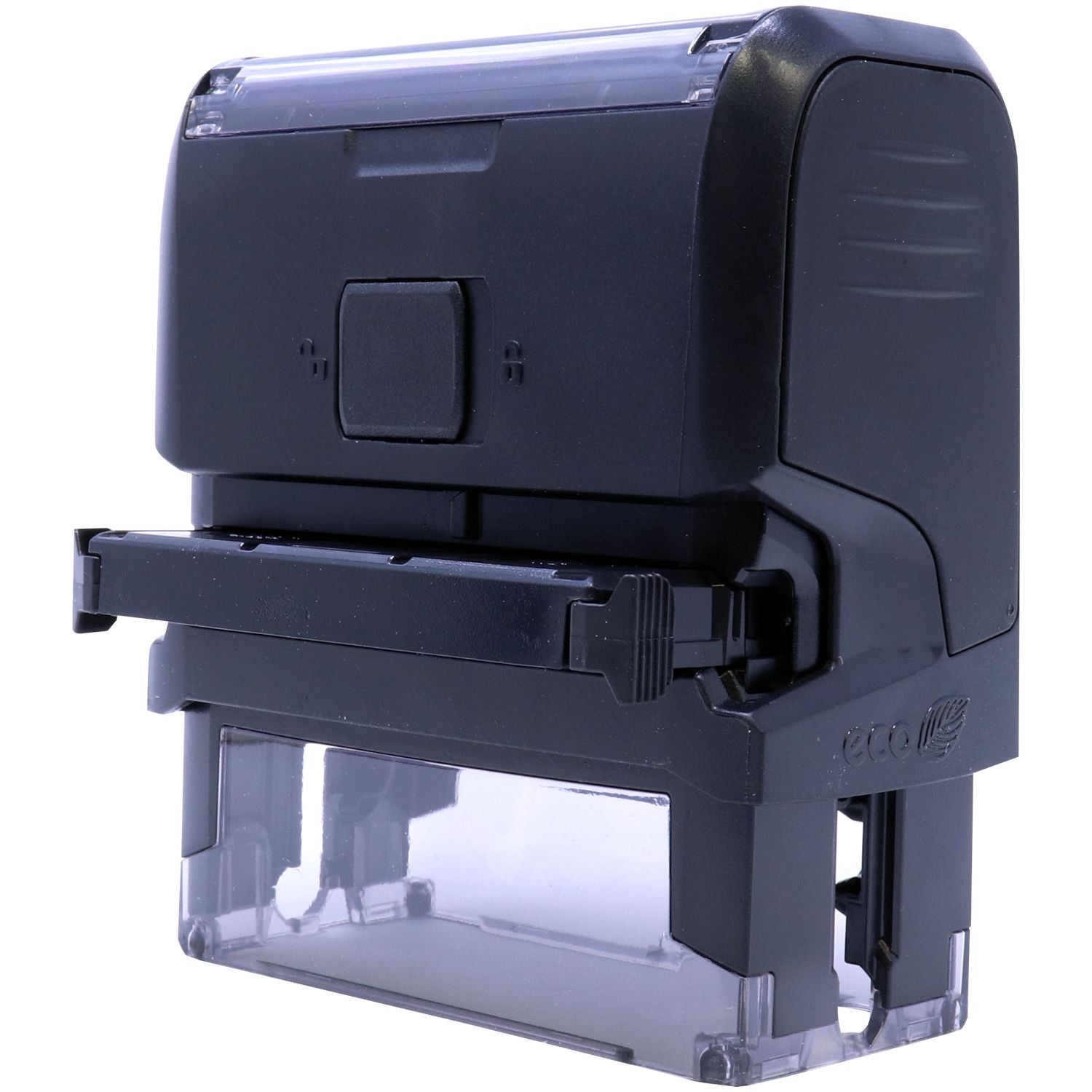 4 Line Self Inking Check Endorsement Stamp, black, with a clear base and removable ink pad, shown from the back view.